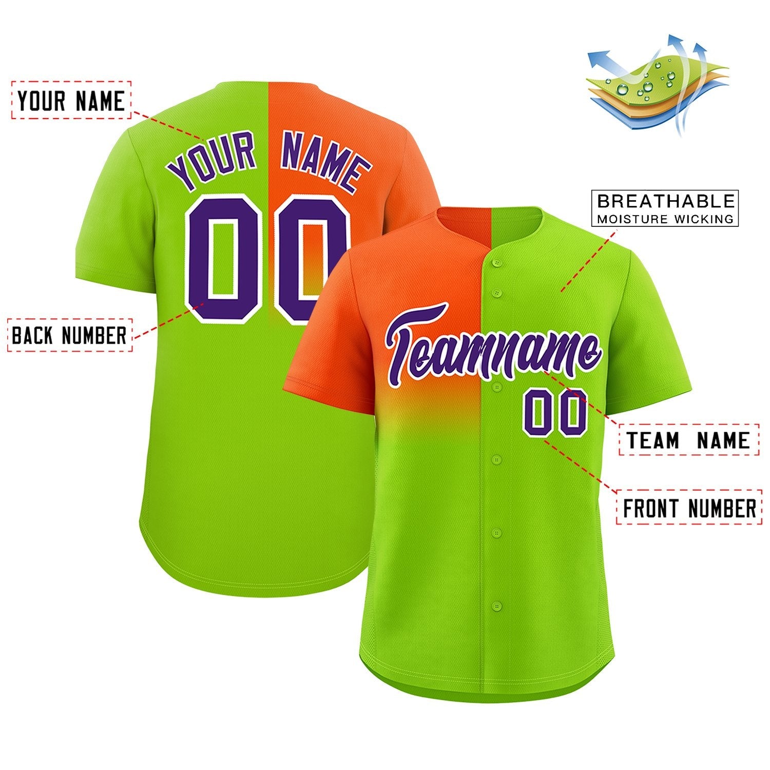 Custom Neon Green Orange Personalized Half Gradient Design Authentic Baseball Jersey