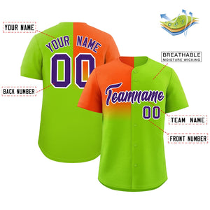 Custom Neon Green Orange Personalized Half Gradient Design Authentic Baseball Jersey