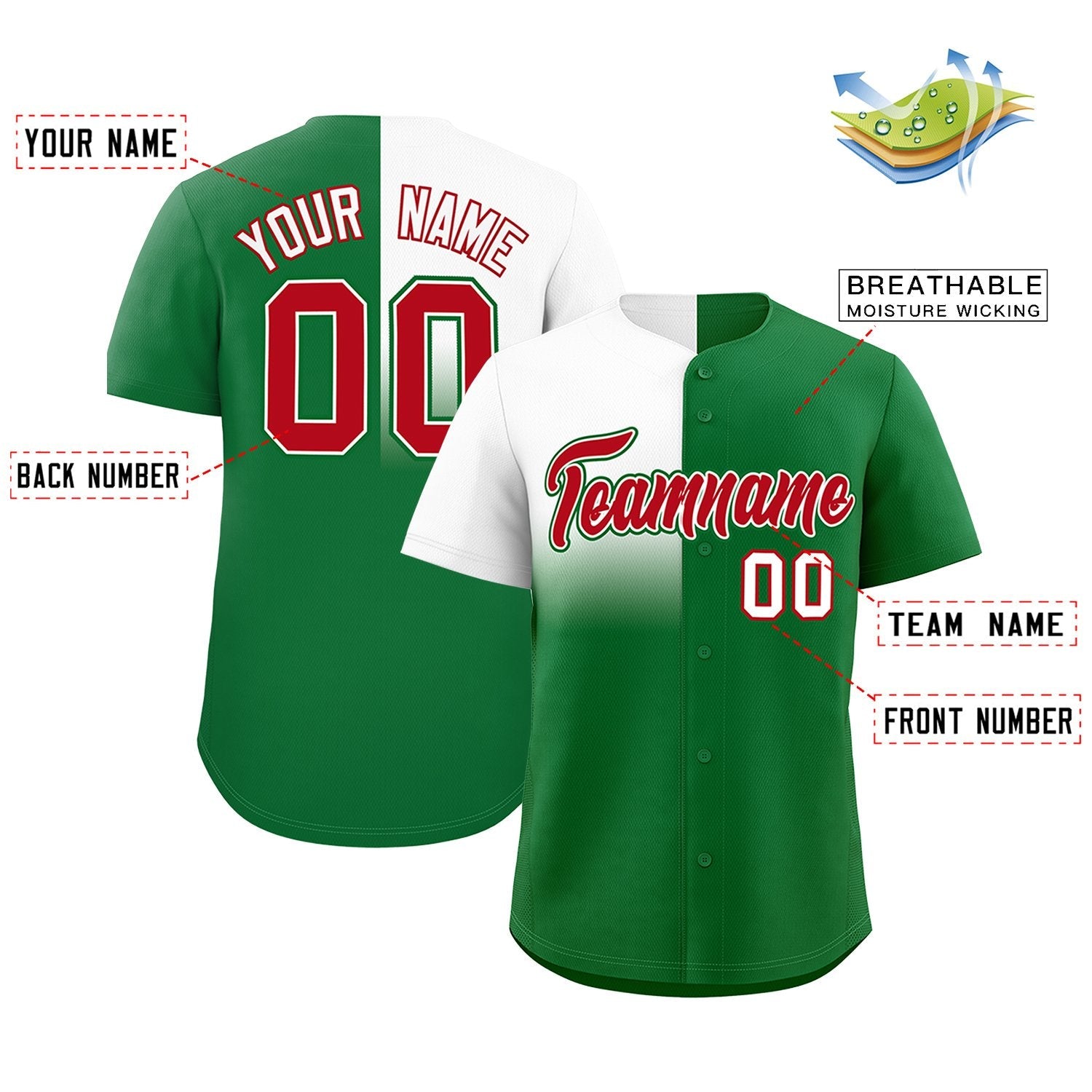 Custom Kelly Green White Personalized Half Gradient Design Authentic Baseball Jersey