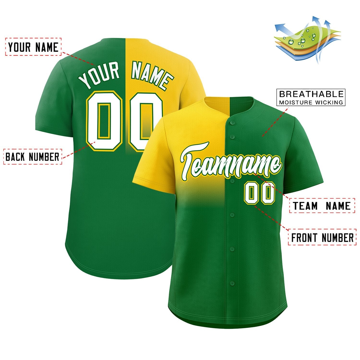 Custom Kelly Green Gold Personalized Half Gradient Design Authentic Baseball Jersey