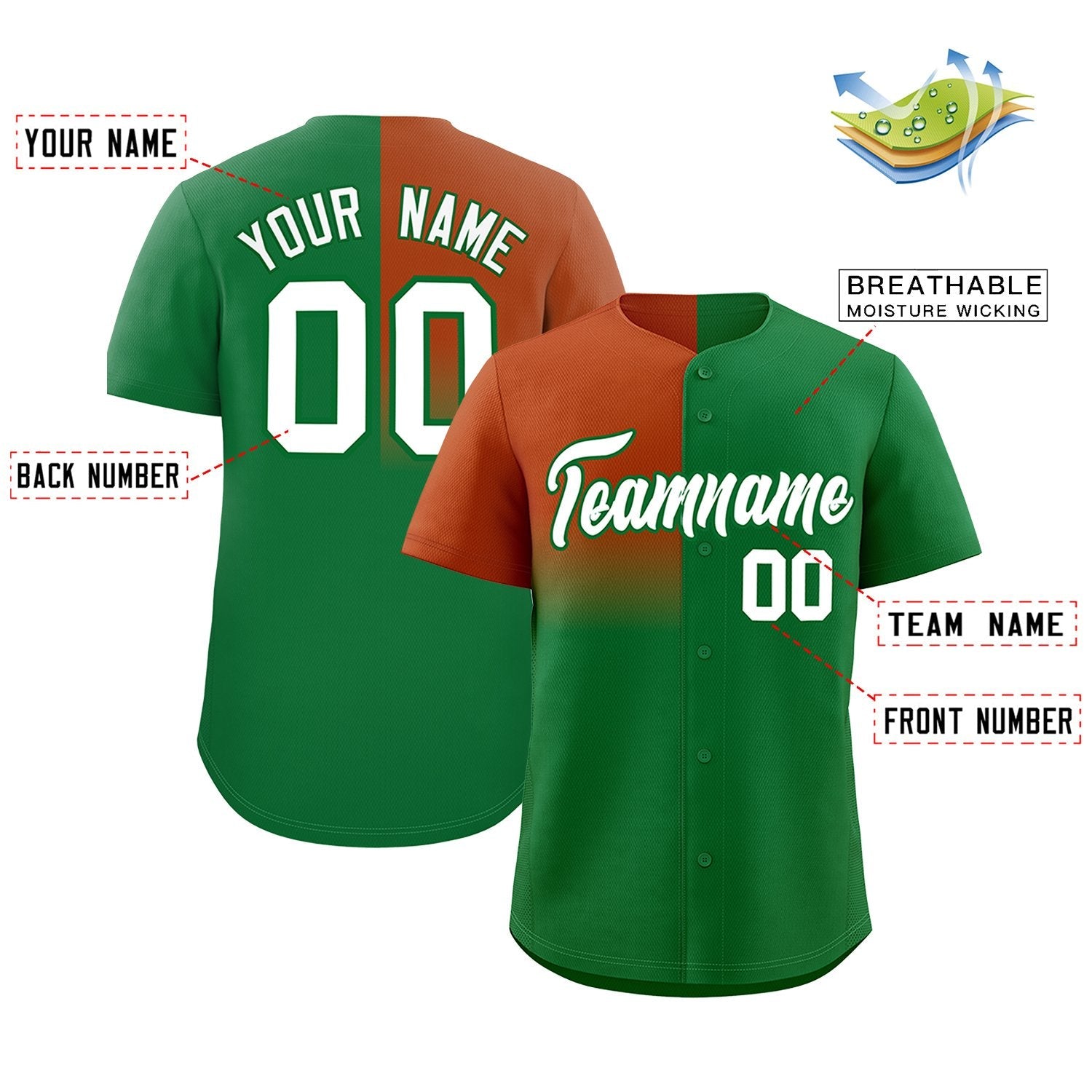 Custom Kelly Green Texas Orange Personalized Half Gradient Design Authentic Baseball Jersey