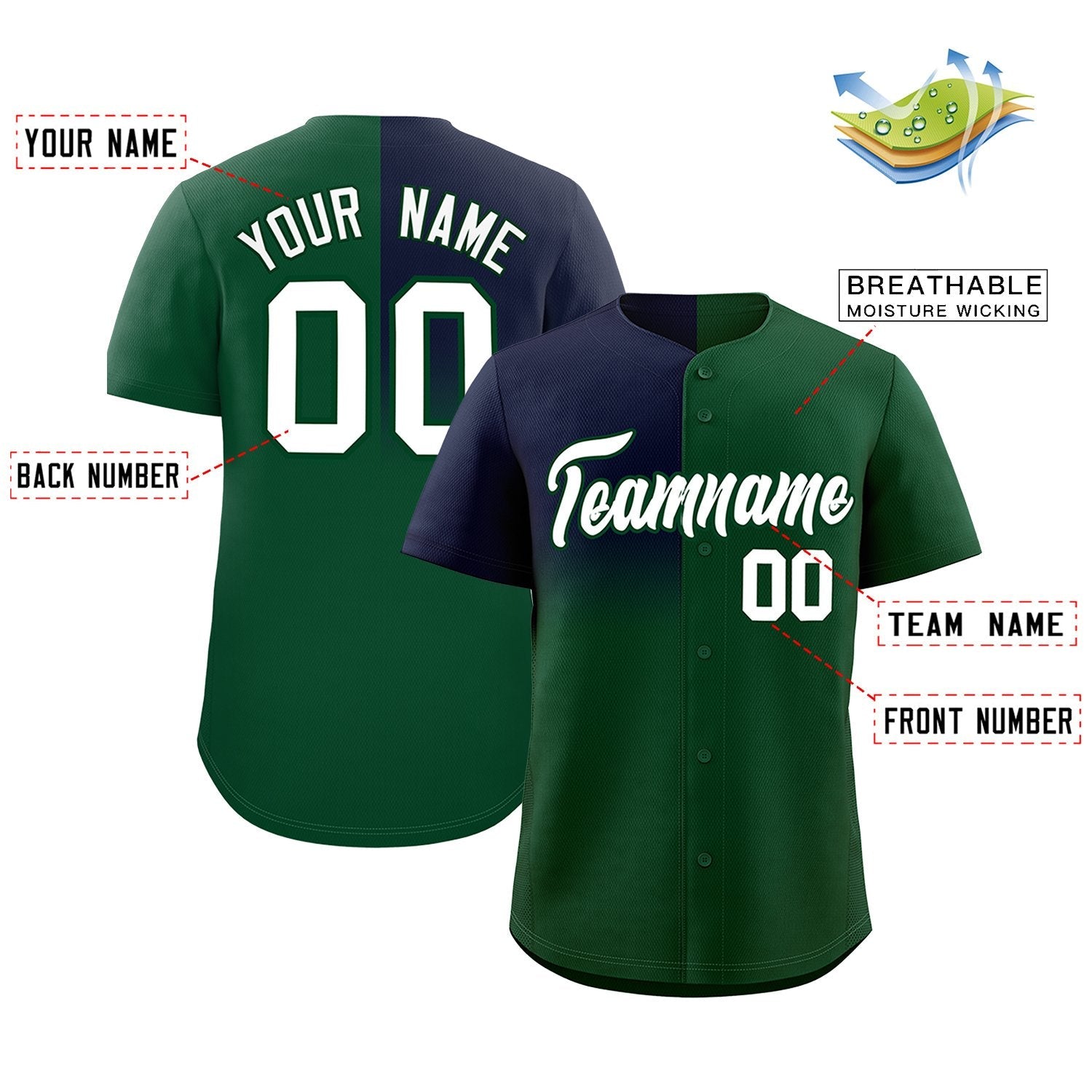 Custom Green Navy Personalized Half Gradient Design Authentic Baseball Jersey