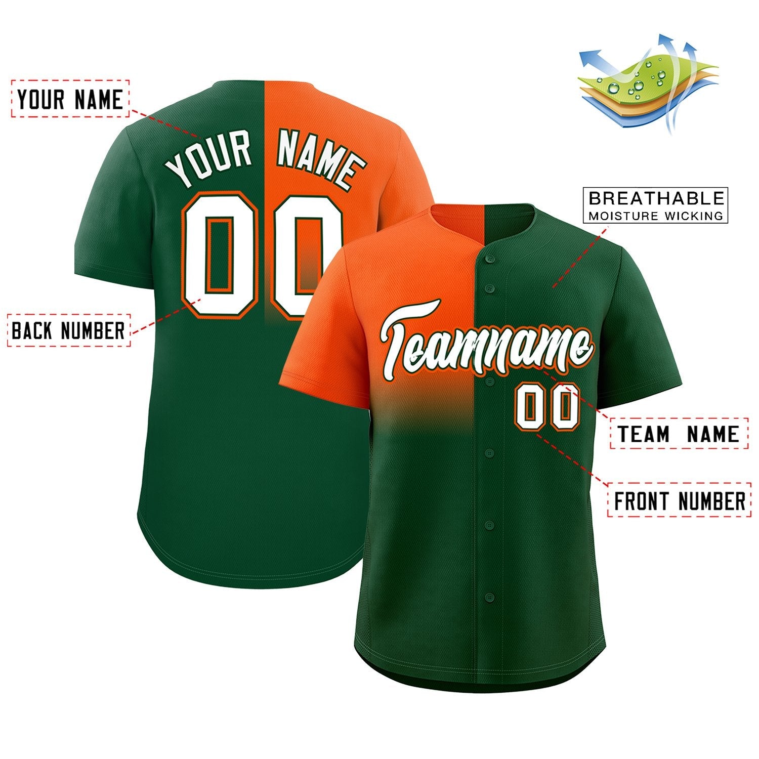 Custom Green Orange Personalized Half Gradient Design Authentic Baseball Jersey