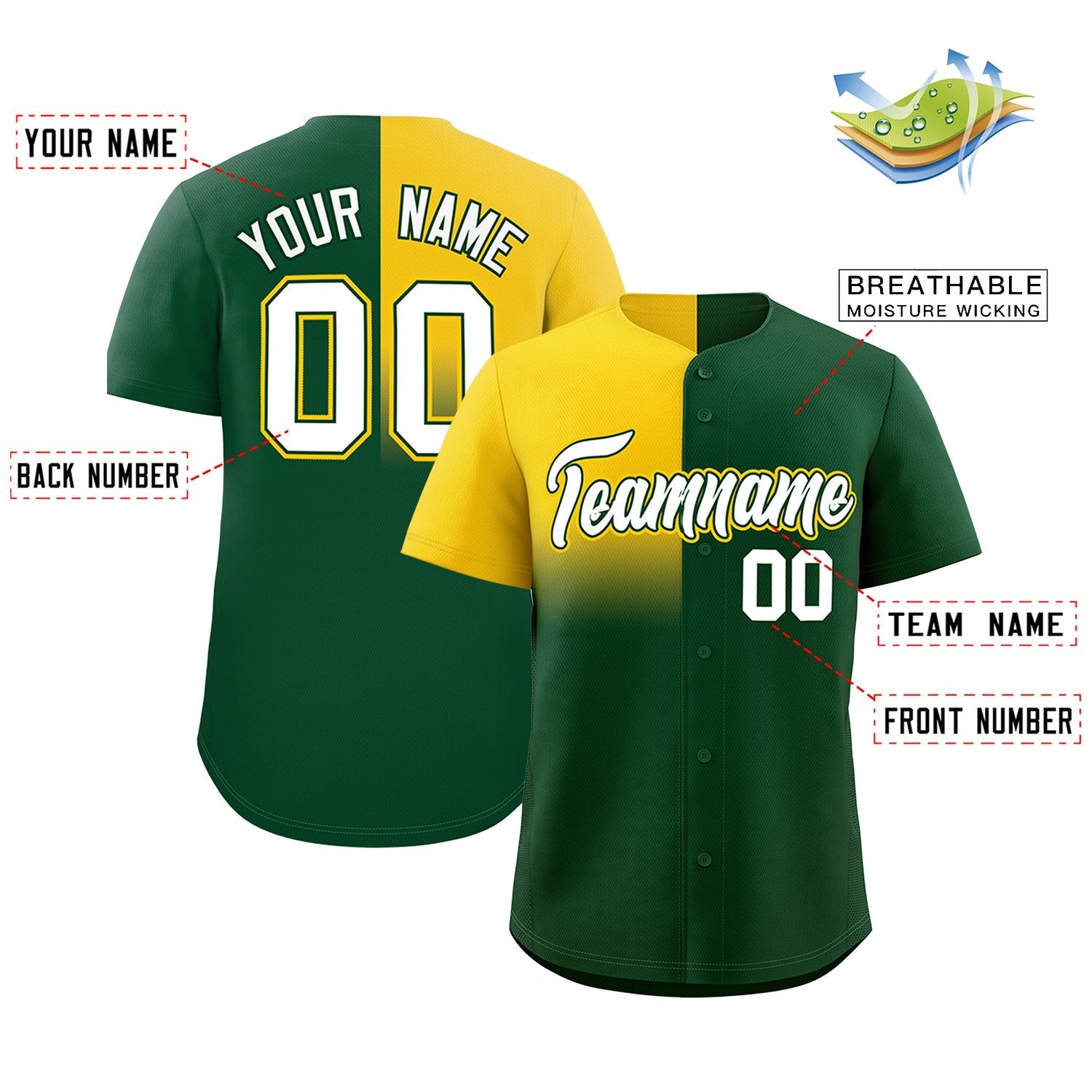 Custom Green Gold Personalized Half Gradient Design Authentic Baseball Jersey