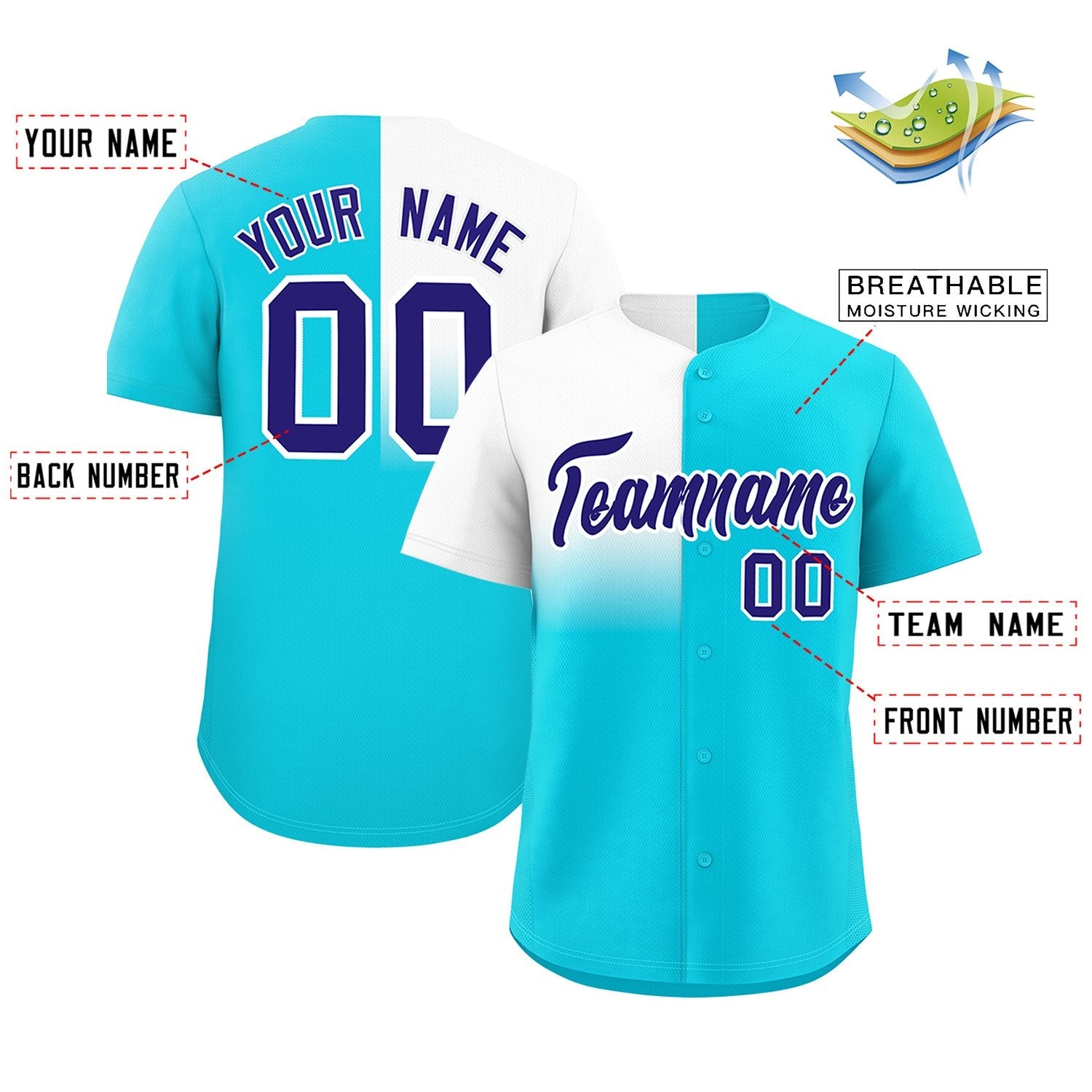 Custom Sky Blue White Personalized Half Gradient Design Authentic Baseball Jersey