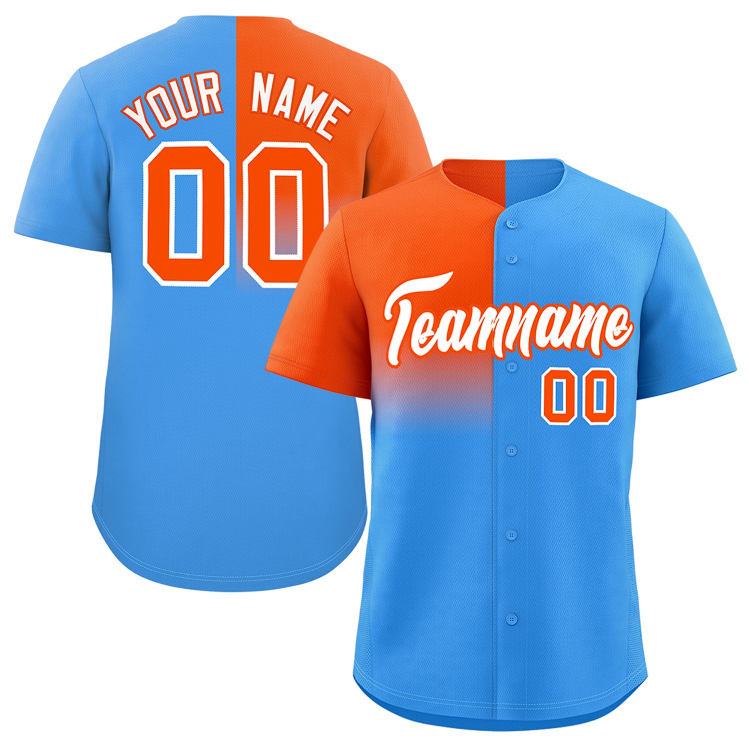 Custom Powder Blue Orange Personalized Half Gradient Design Authentic Baseball Jersey