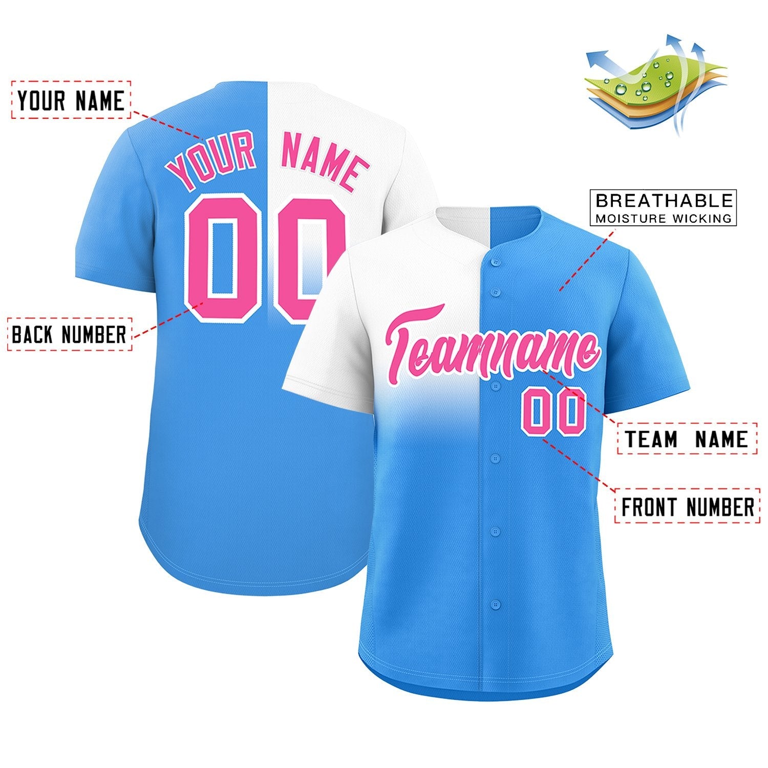 Custom Powder Blue White Personalized Half Gradient Design Authentic Baseball Jersey