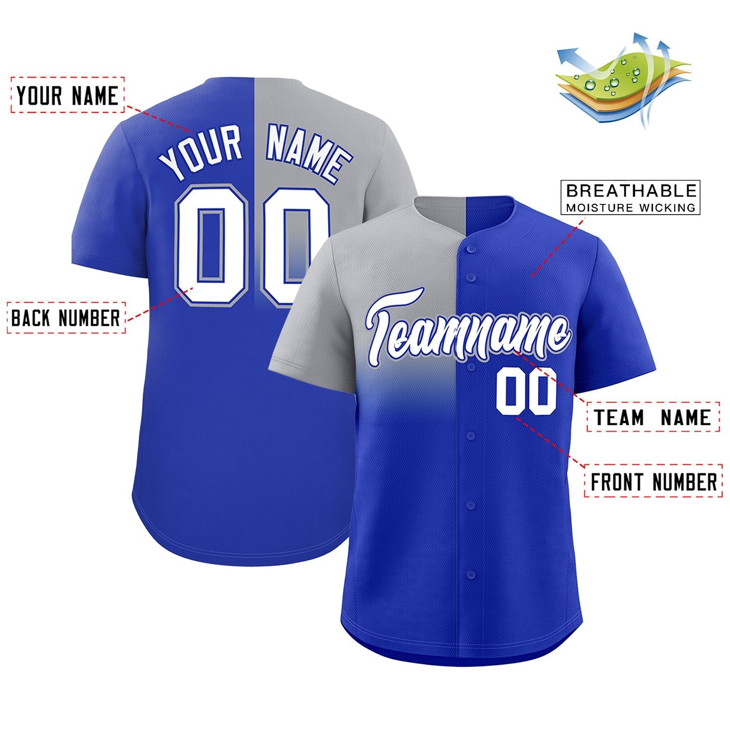 Custom Royal Gray Personalized Half Gradient Design Authentic Baseball Jersey