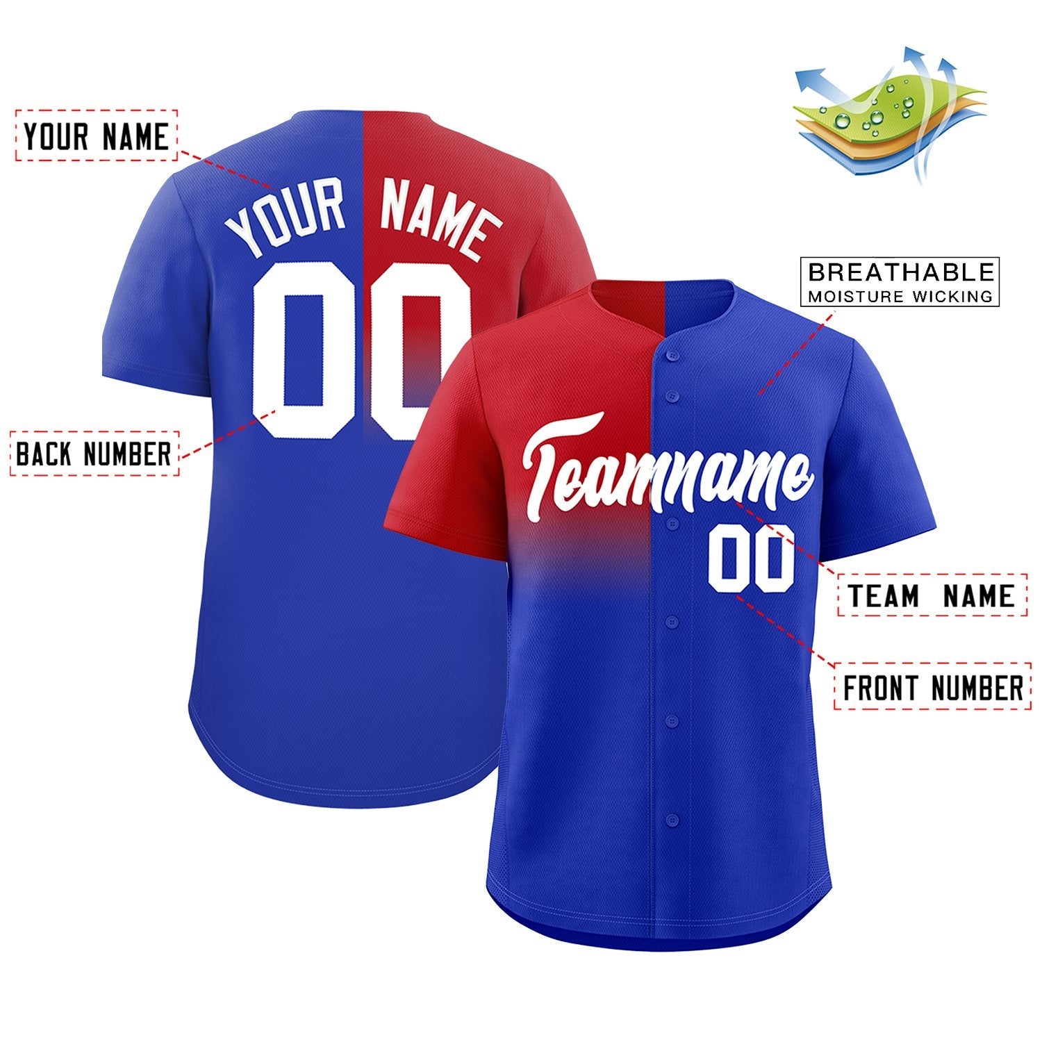 Custom Royal Red Personalized Half Gradient Design Authentic Baseball Jersey