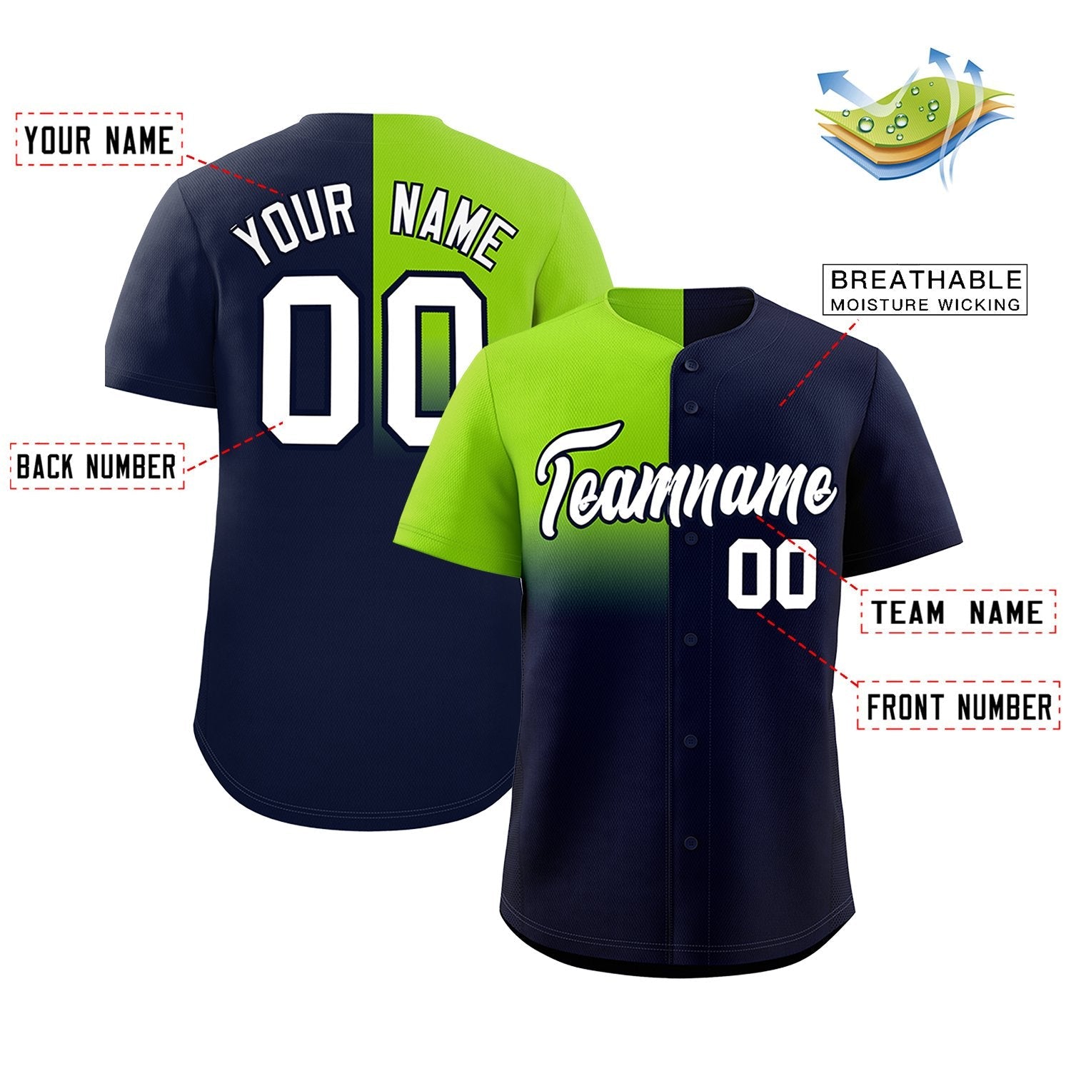 Custom Navy Neon Green Personalized Half Gradient Design Authentic Baseball Jersey