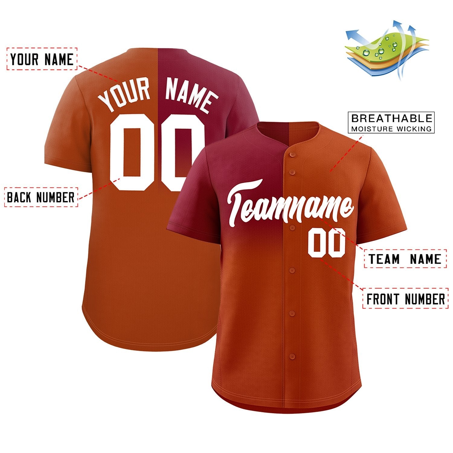 Custom Texas Orange Crimson Personalized Half Gradient Design Authentic Baseball Jersey