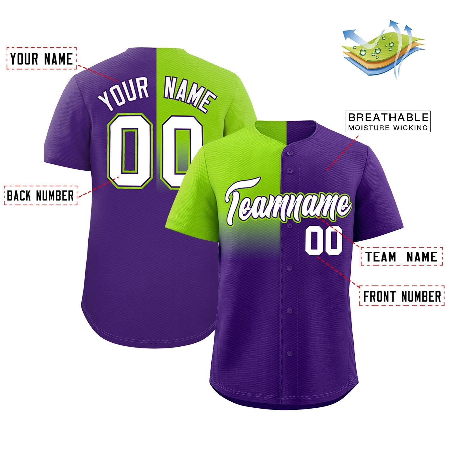 Custom Purple Neon Green Personalized Half Gradient Design Authentic Baseball Jersey