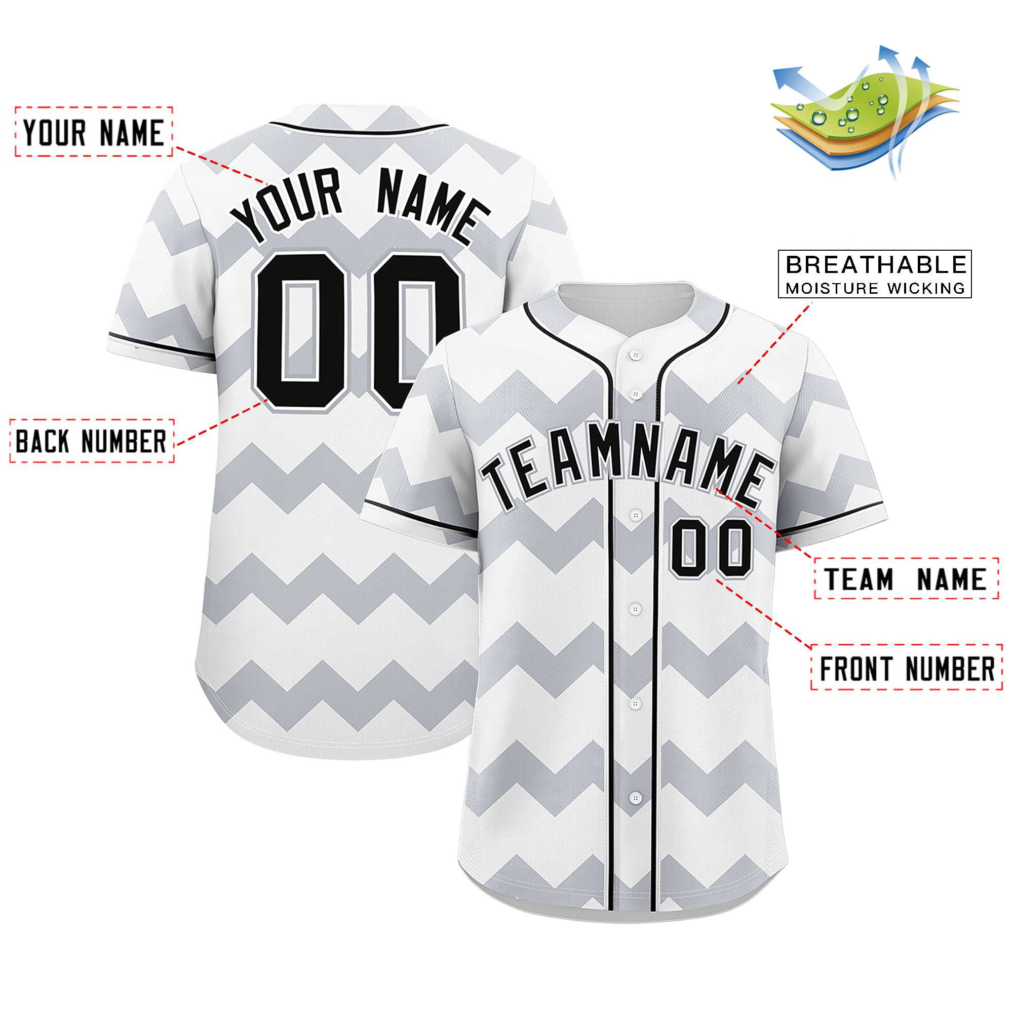 Custom White-Gray Black Personalized Ripple Design Authentic Baseball Jersey