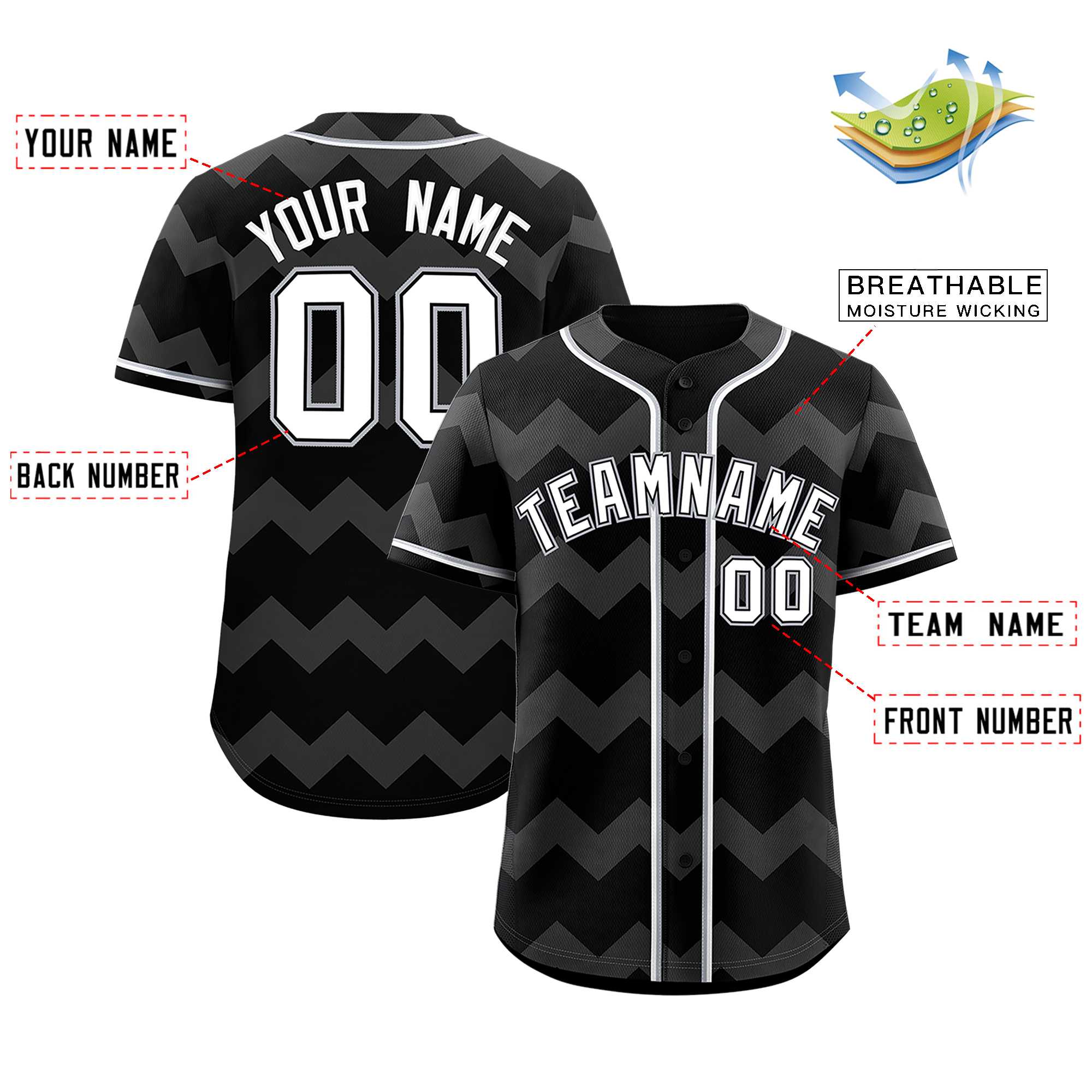 Custom Black White-Gray Personalized Ripple Design Authentic Baseball Jersey