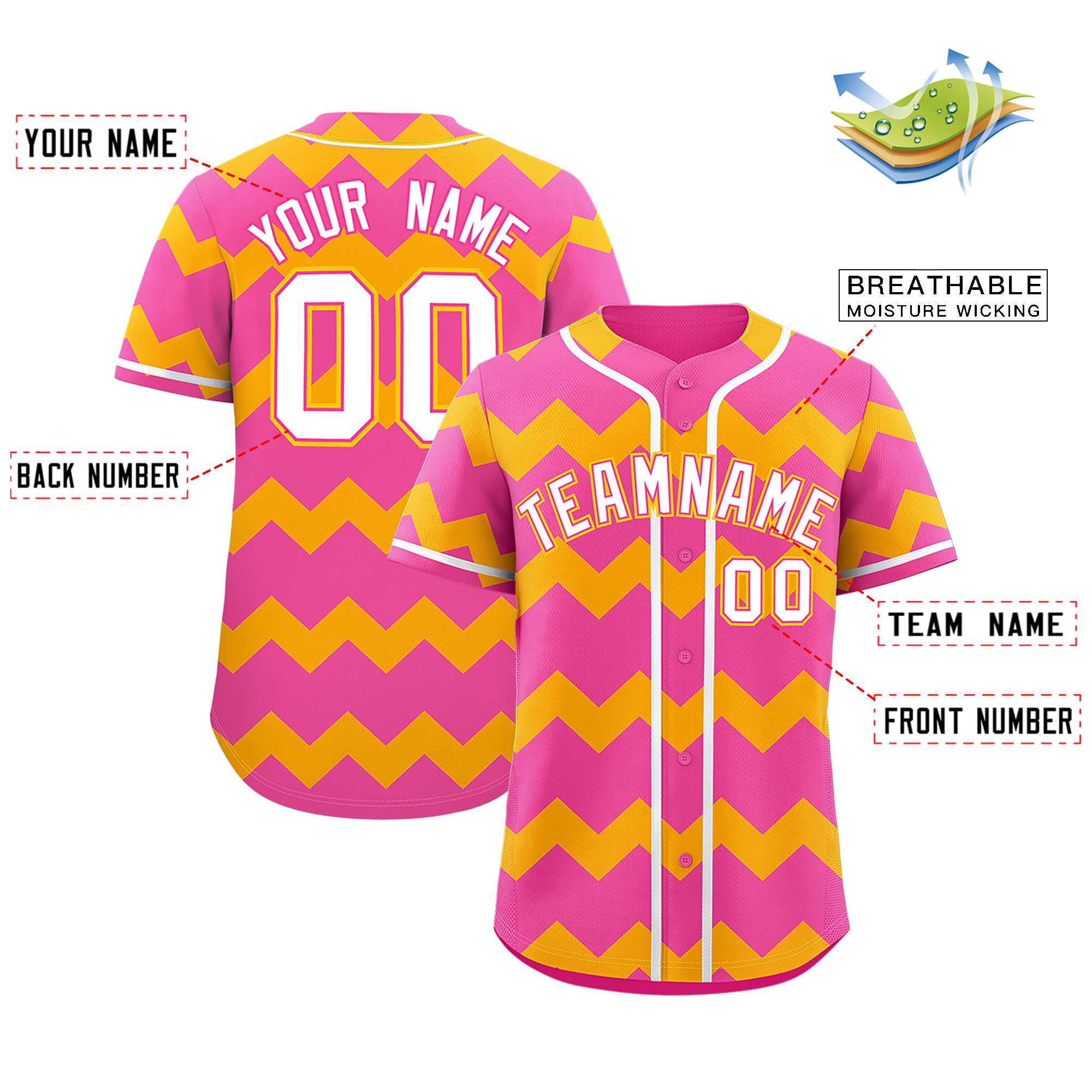 Custom Pink-Yellow White Personalized Ripple Design Authentic Baseball Jersey