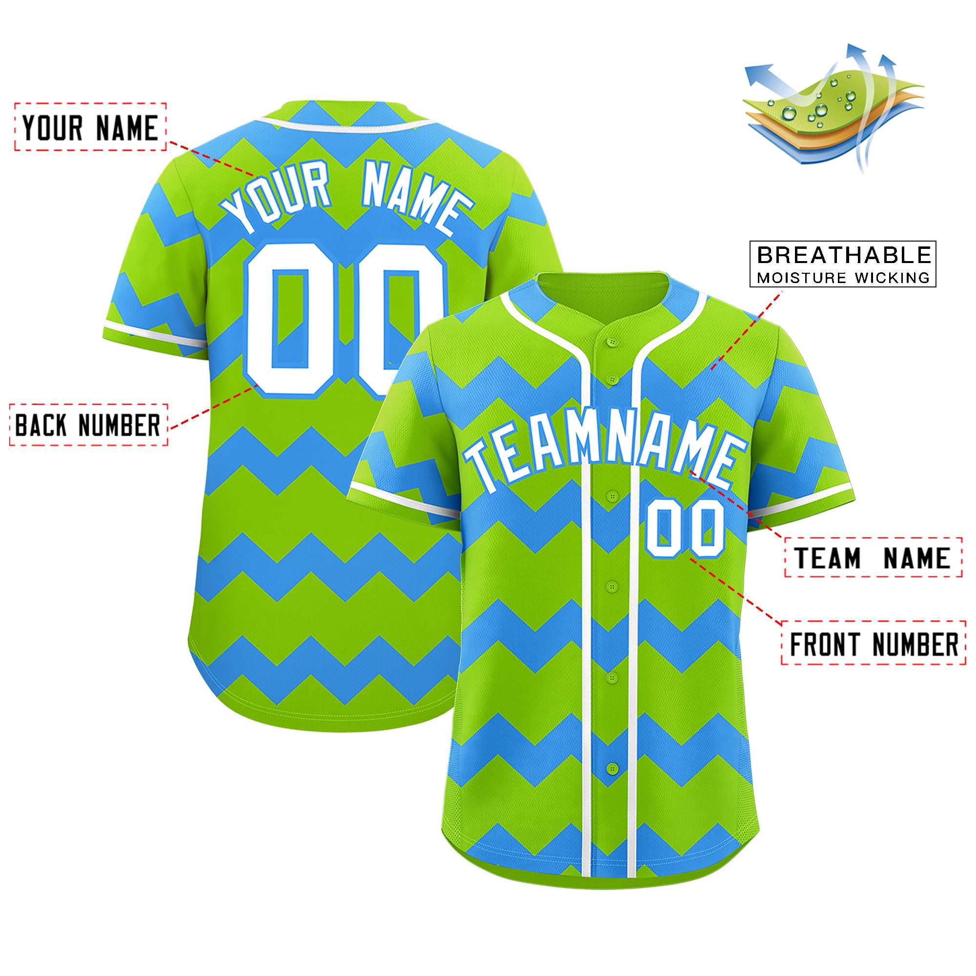 Custom Neon Green-Sky Blue White Personalized Ripple Design Authentic Baseball Jersey