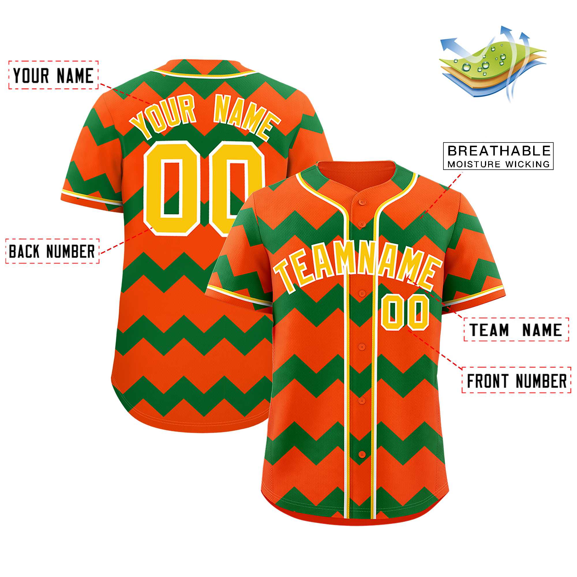 Custom Orange-Kelly Green Gold Personalized Ripple Design Authentic Baseball Jersey