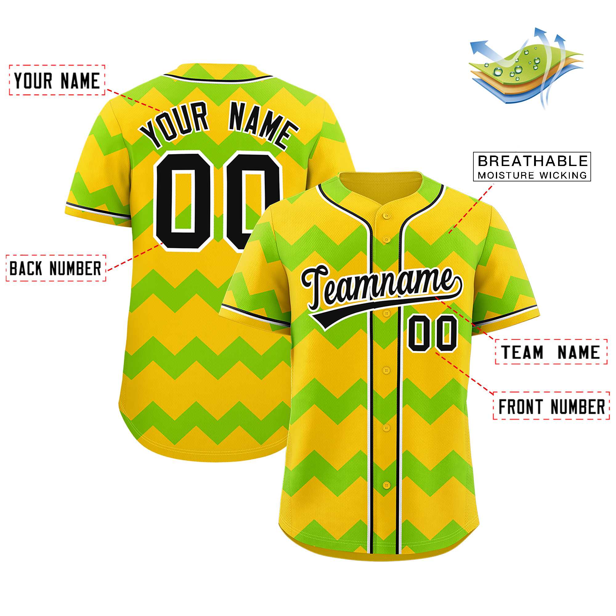 Custom Gold-Neon Green Black Personalized Ripple Design Authentic Baseball Jersey