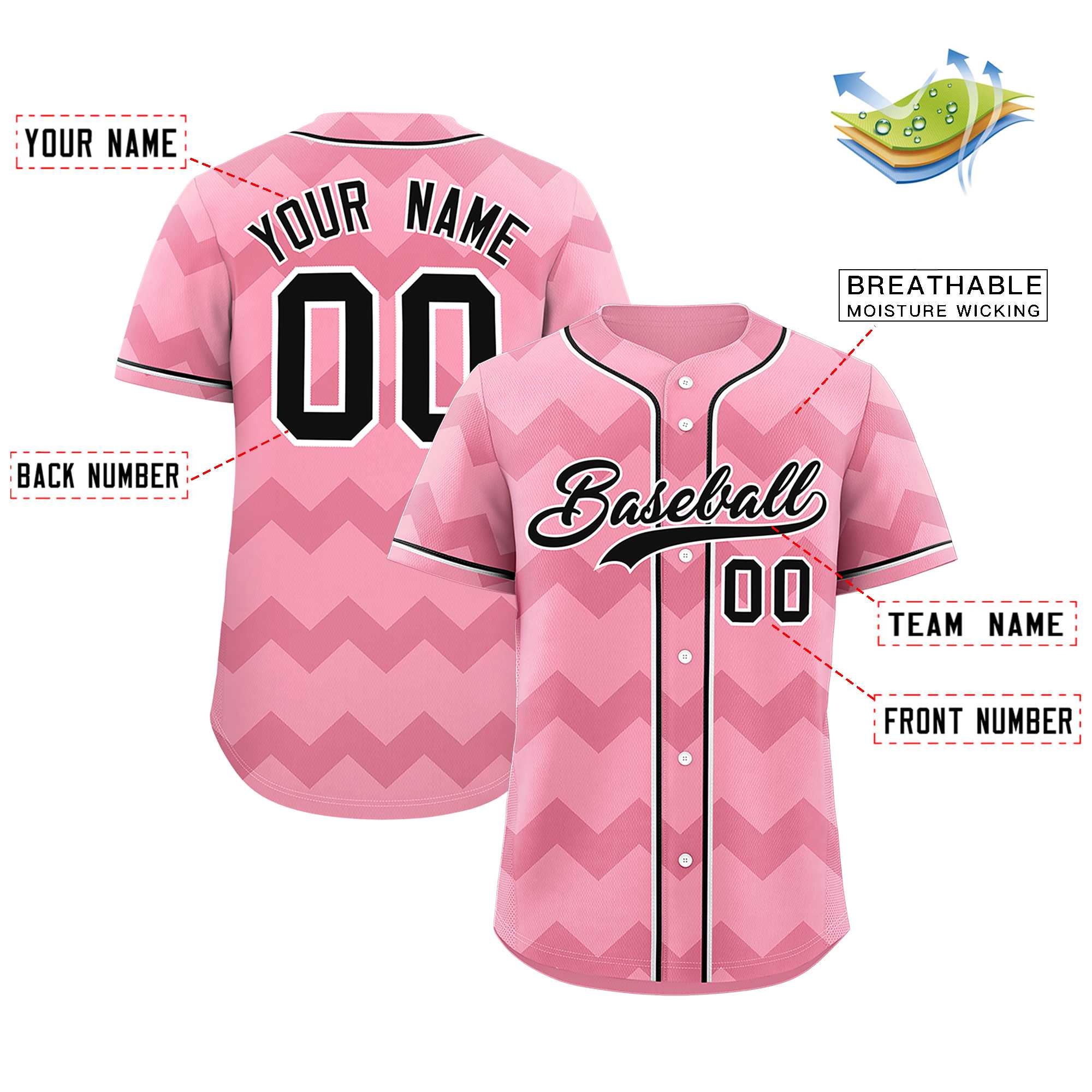 Custom Light Pink Black-White Personalized Ripple Design Authentic Baseball Jersey