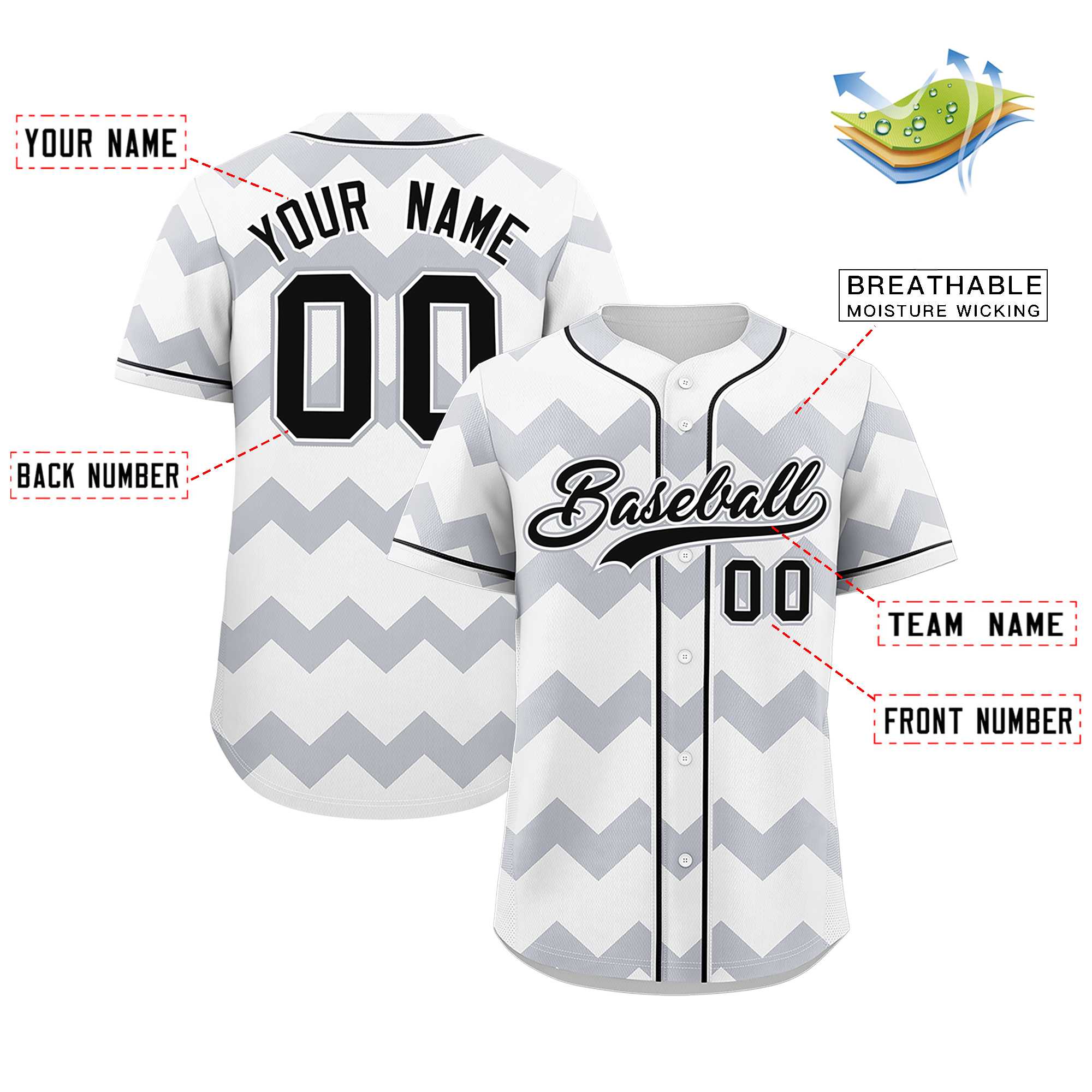 Custom White-Gray Black Personalized Ripple Design Authentic Baseball Jersey