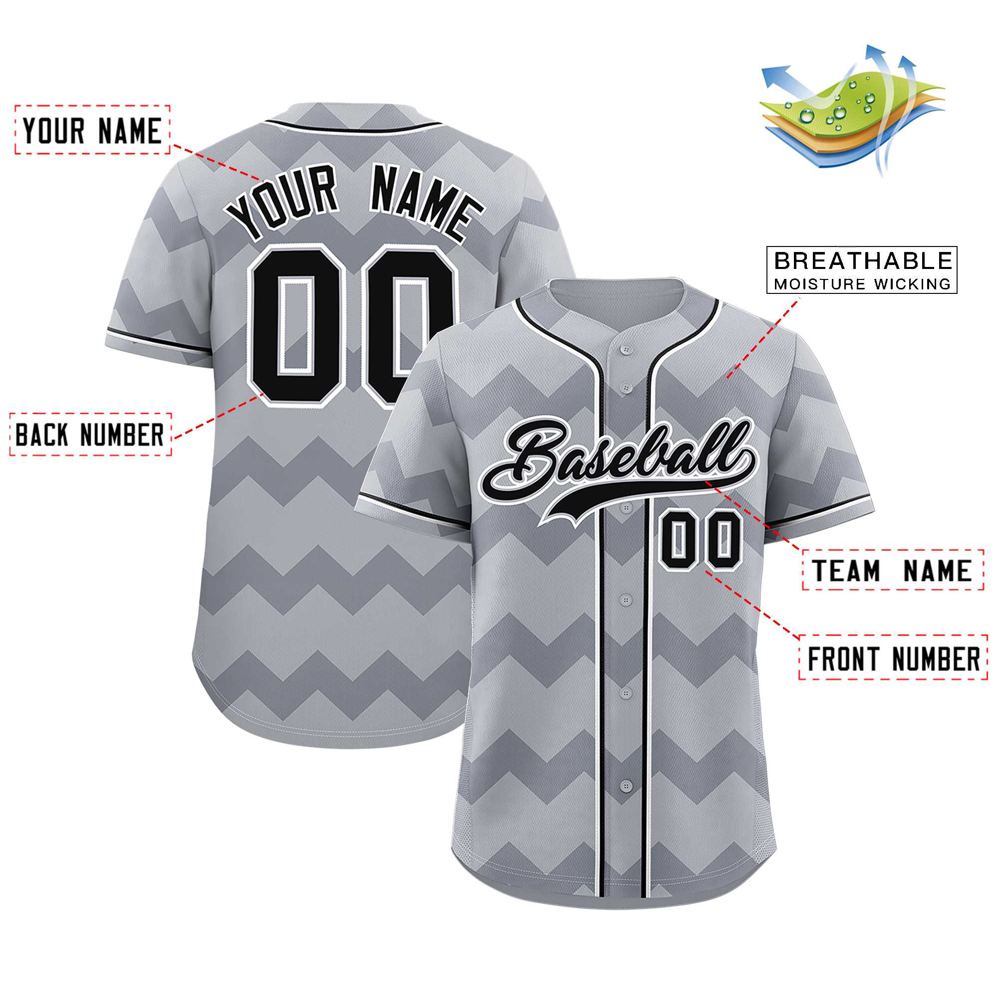 Custom Gray Black-White Personalized Ripple Design Authentic Baseball Jersey