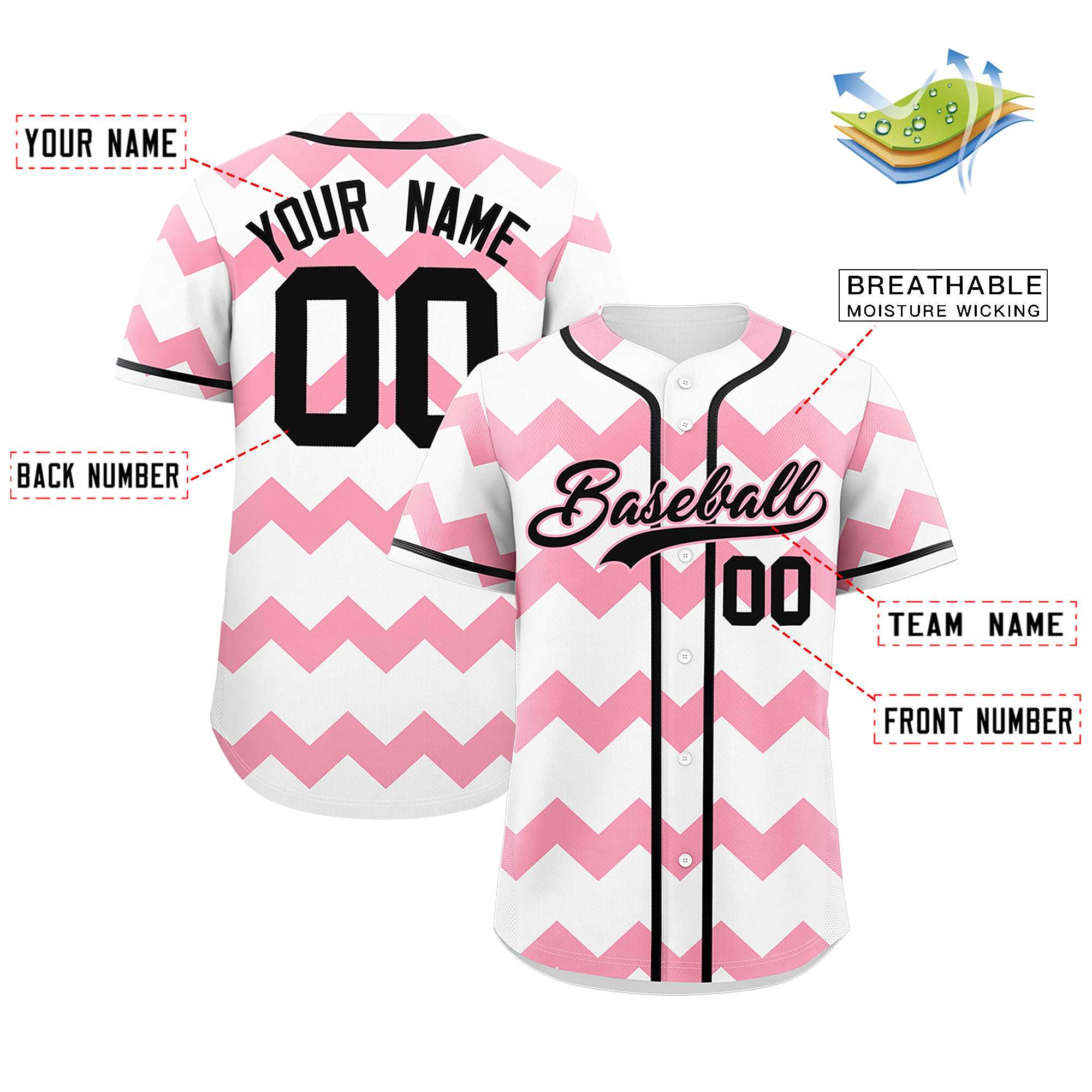 Custom White-Light Pink Black Personalized Ripple Design Authentic Baseball Jersey