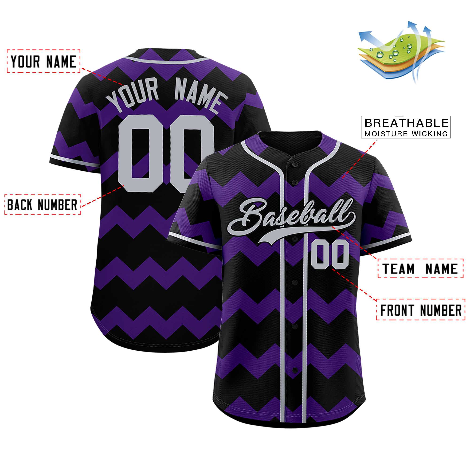 Custom Black-Purple Gray Personalized Ripple Design Authentic Baseball Jersey