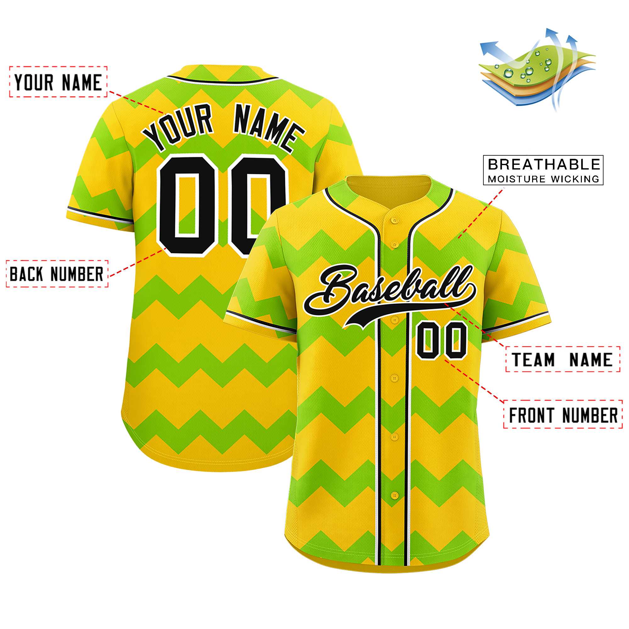 Custom Gold-Neon Green Black Personalized Ripple Design Authentic Baseball Jersey