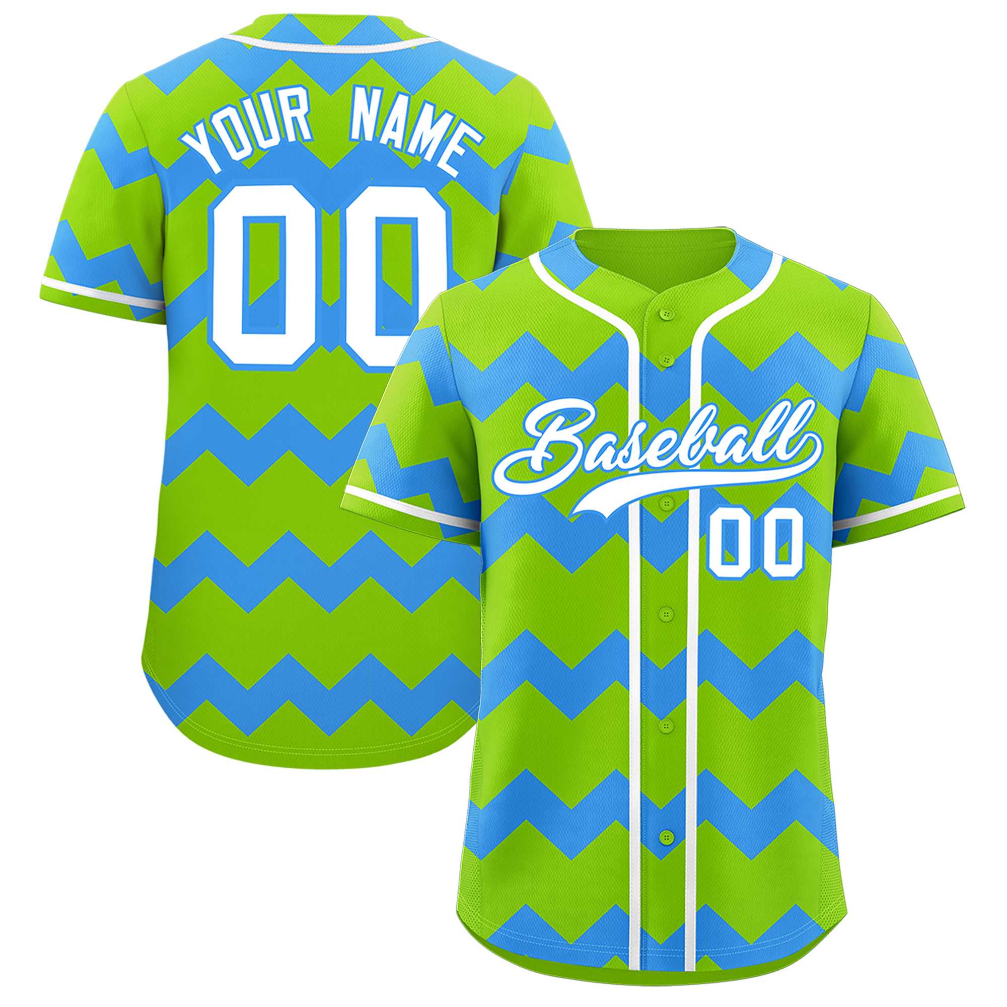 Custom Neon Green-Sky Blue White Personalized Ripple Design Authentic Baseball Jersey