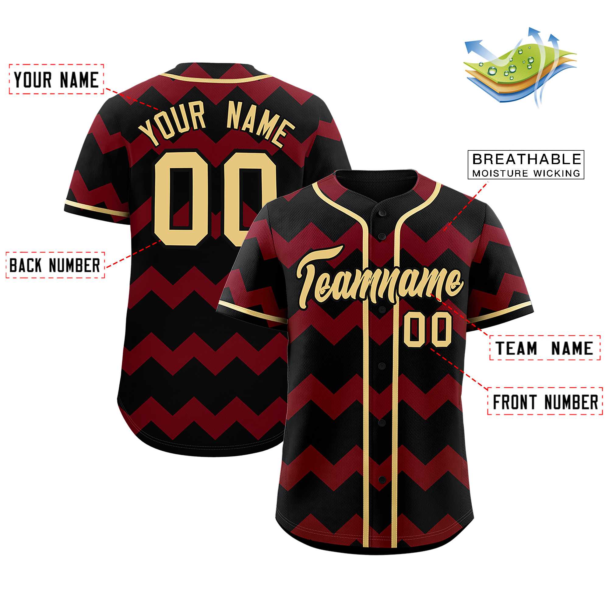 Custom Black-Crimson Khaki Personalized Ripple Design Authentic Baseball Jersey