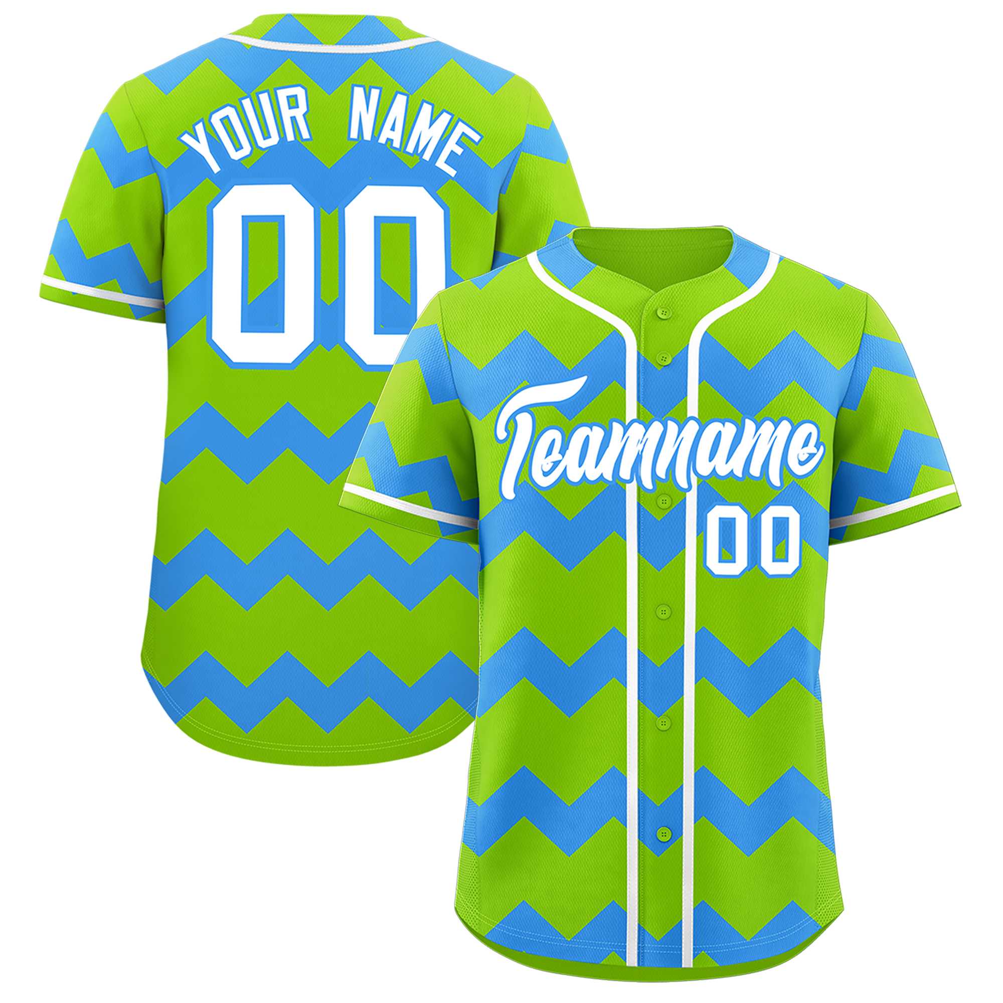 Custom Neon Green-Sky Blue White Personalized Ripple Design Authentic Baseball Jersey