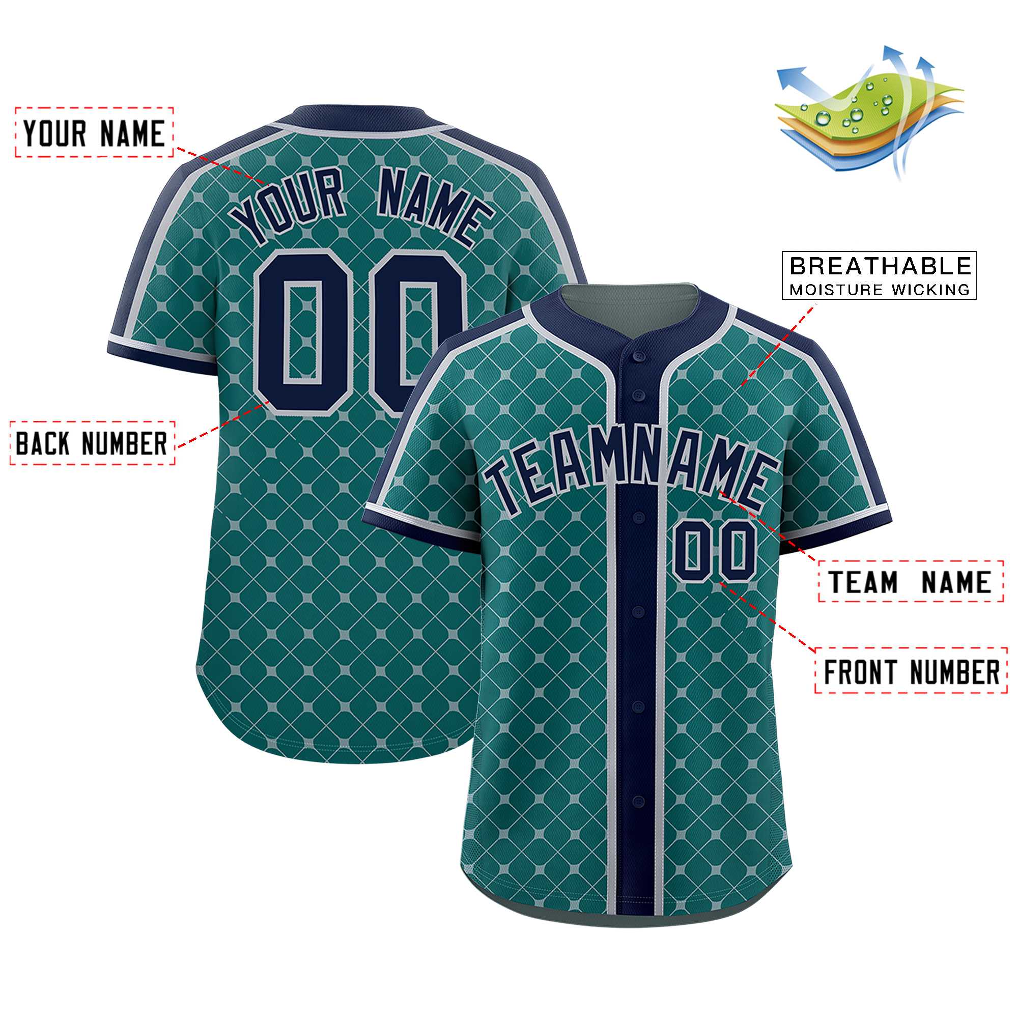 Custom Aqua-Gray Plaid Design Authentic Baseball Jersey