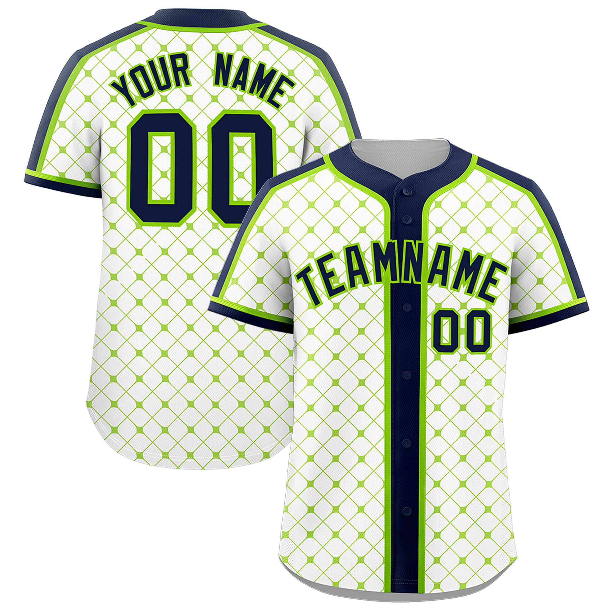 Custom White-Neon Green Plaid Design Authentic Baseball Jersey