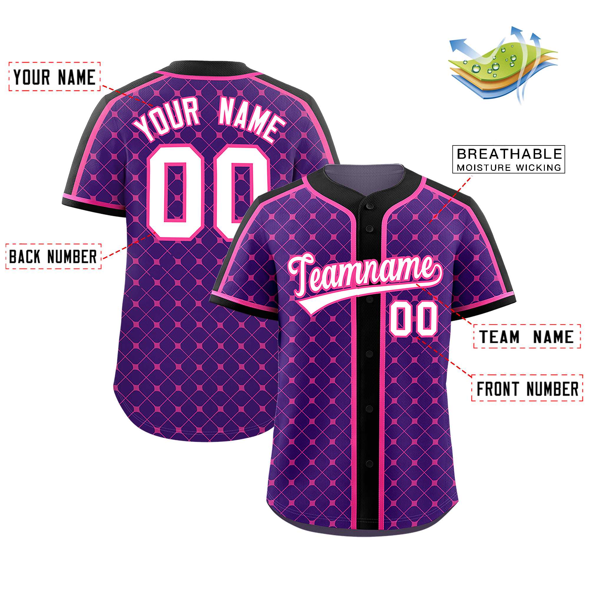 Custom Purple-Pink Plaid Design Authentic Baseball Jersey