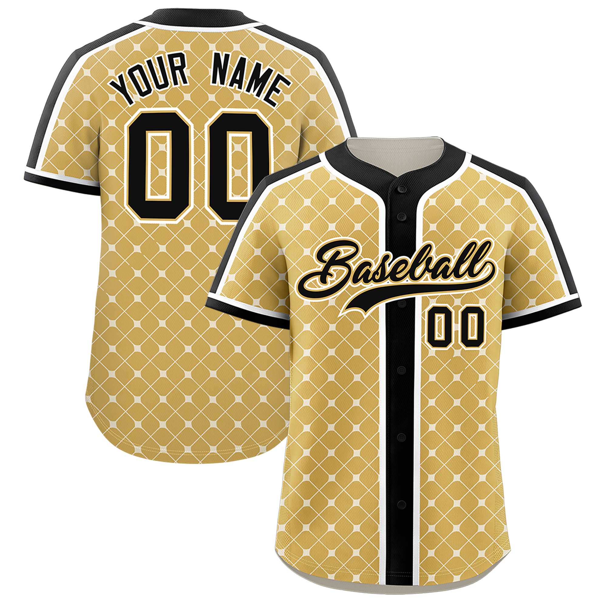 Custom Old Gold-White Plaid Design Authentic Baseball Jersey