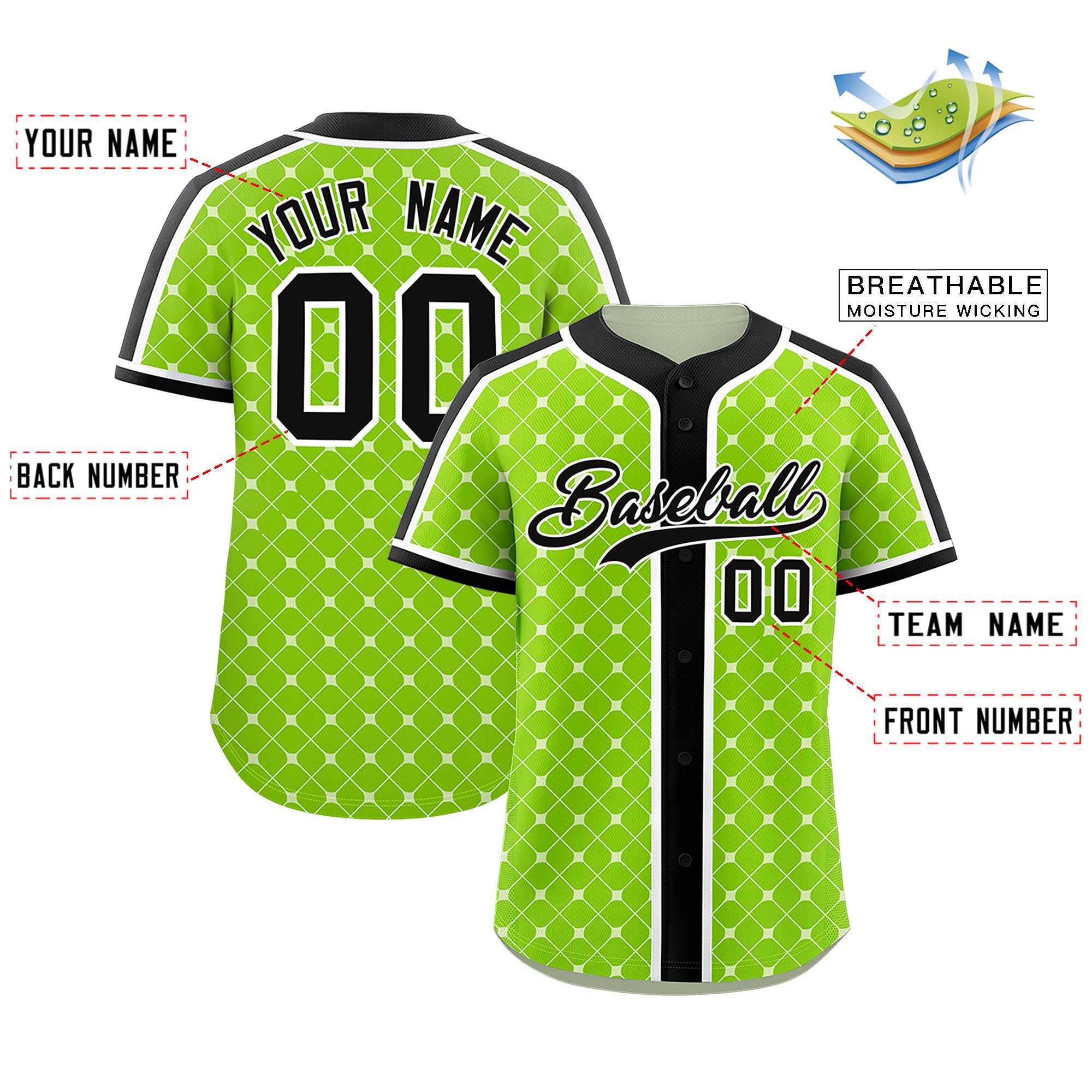 Custom Neon Green-White Plaid Design Authentic Baseball Jersey