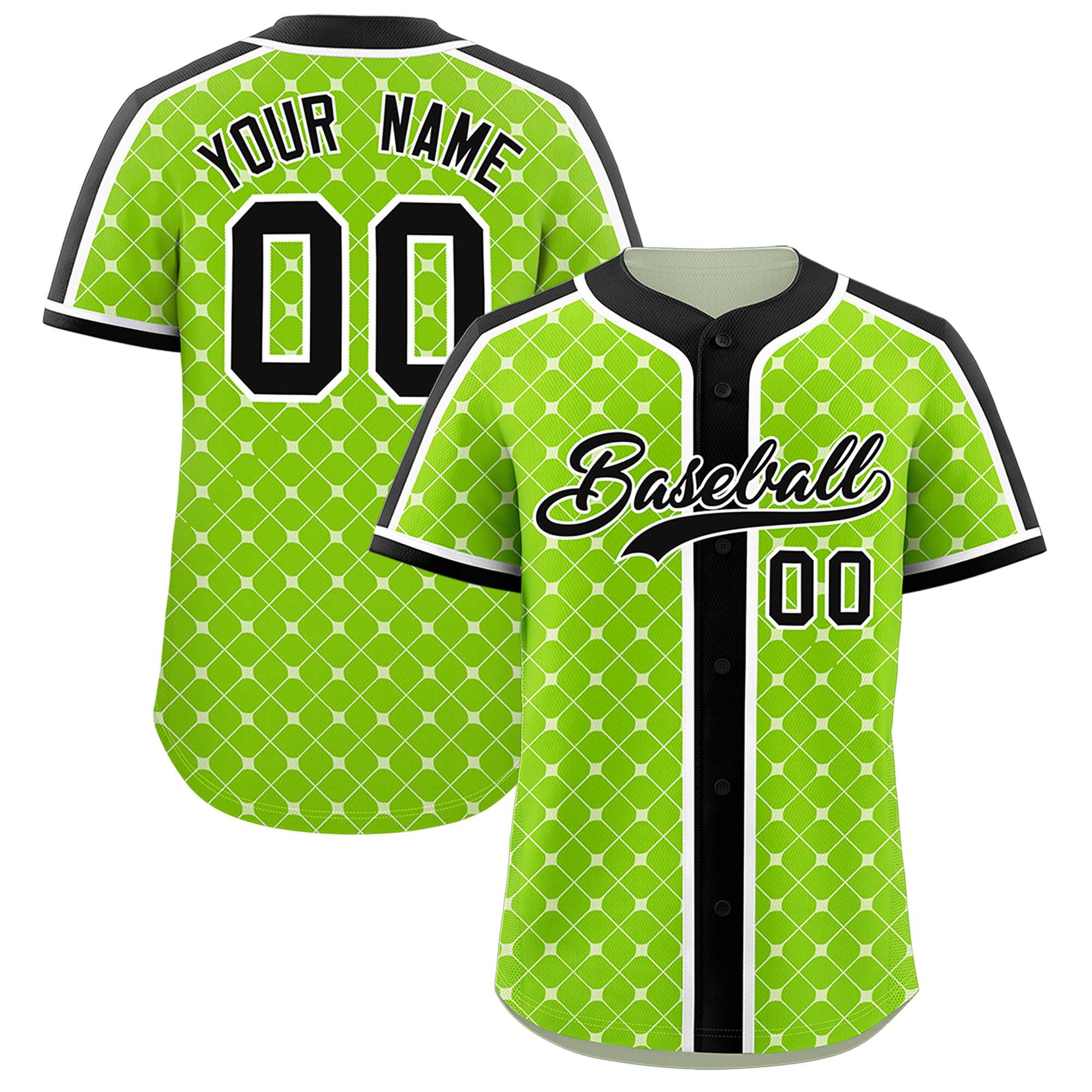 Custom Neon Green-White Plaid Design Authentic Baseball Jersey