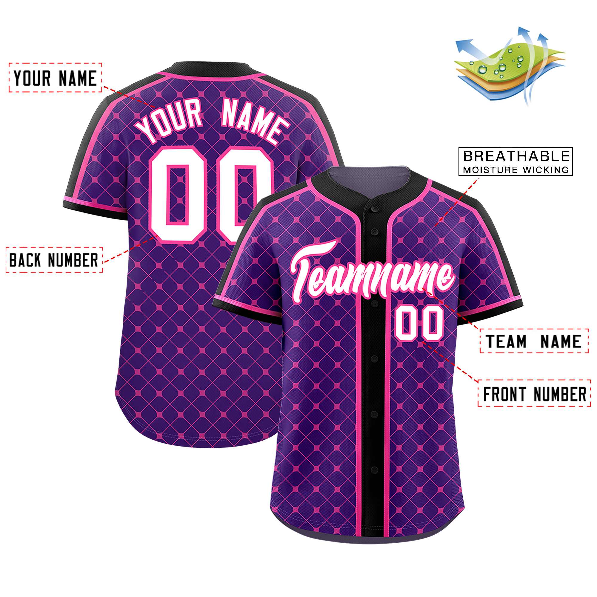 Custom Purple-Pink Plaid Design Authentic Baseball Jersey