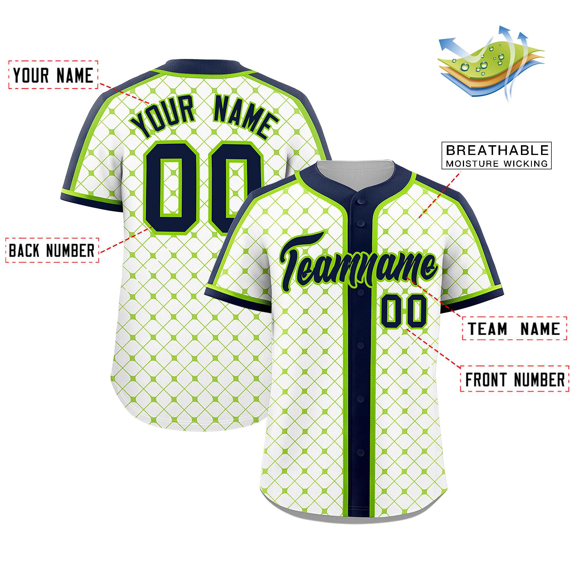 Custom White-Neon Green Plaid Design Authentic Baseball Jersey