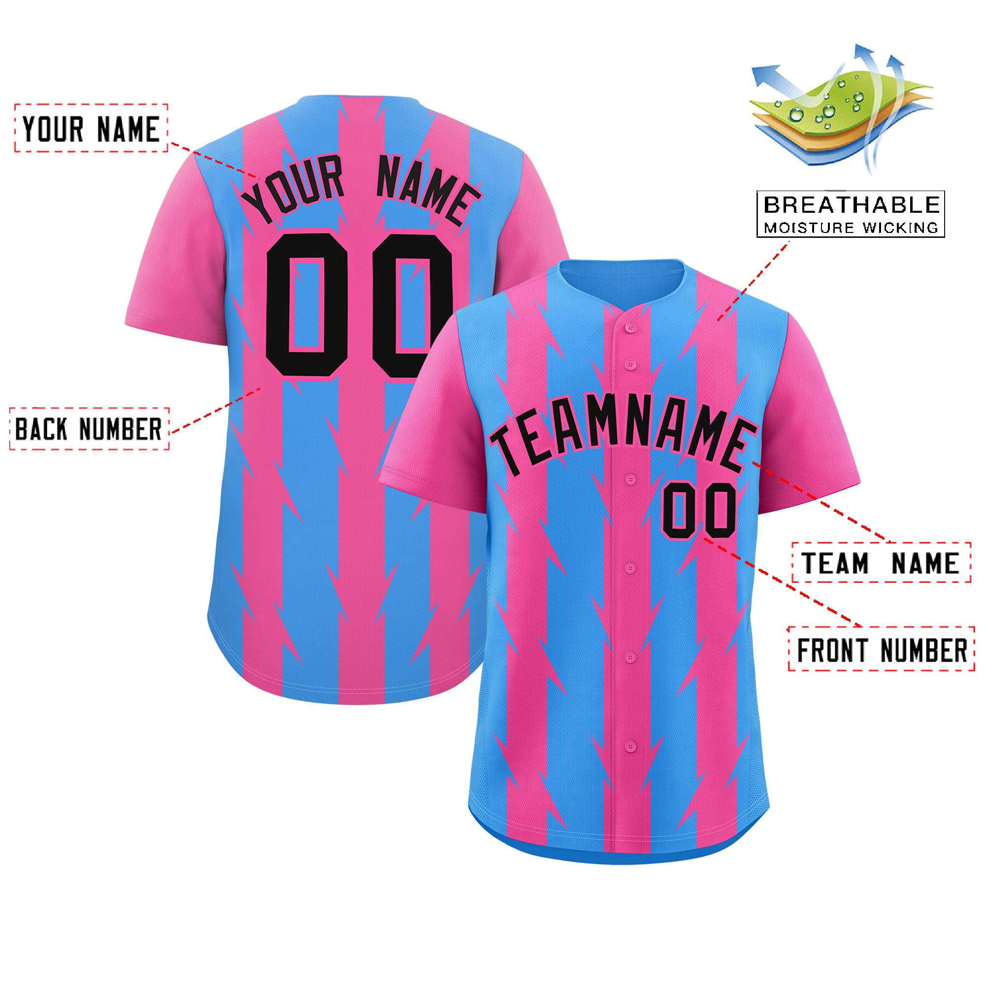 Custom Powder Blue Pink Raglan Sleeves Blade Pattern Authentic Baseball Jersey