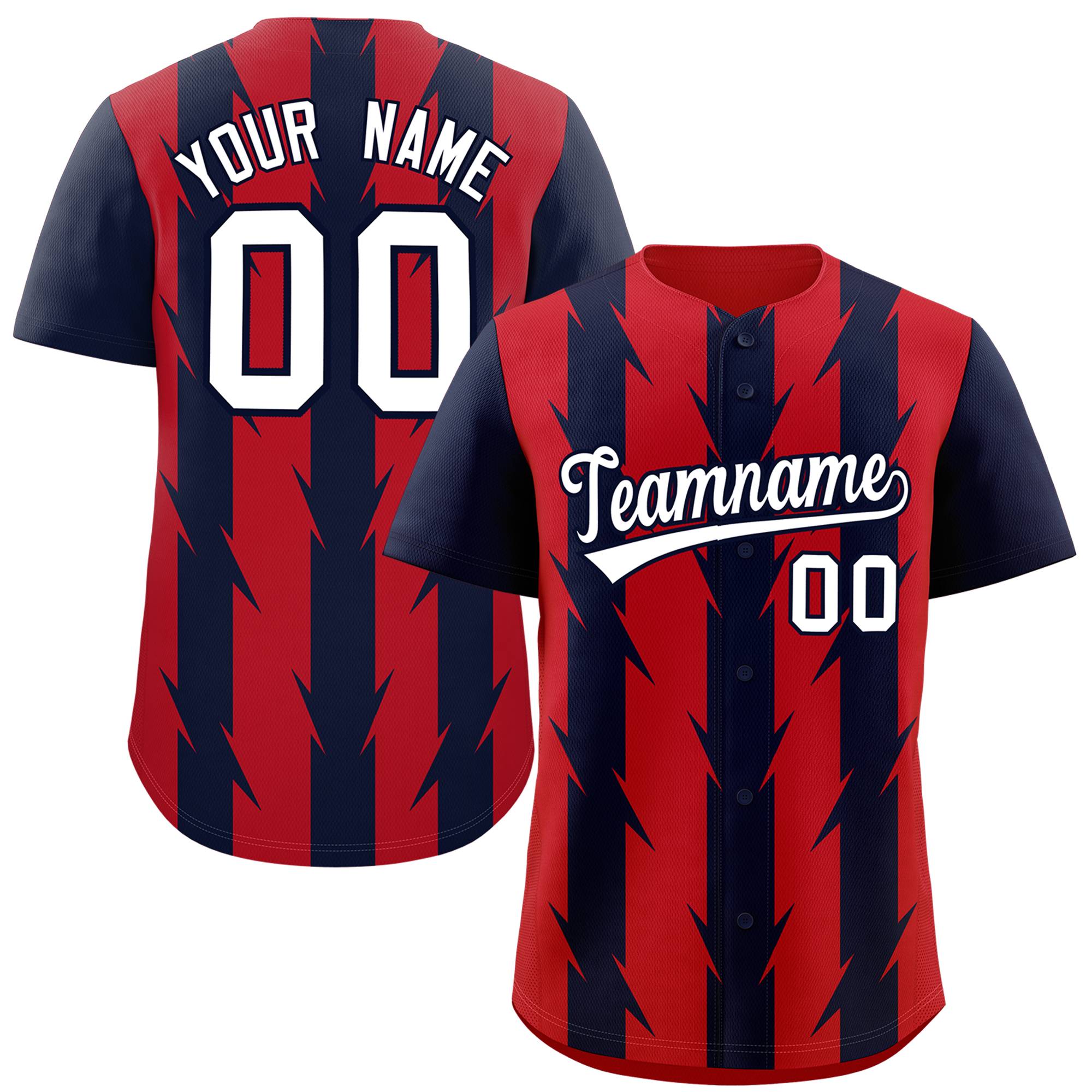 Custom Red Navy Raglan Sleeves Blade Pattern Authentic Baseball Jersey