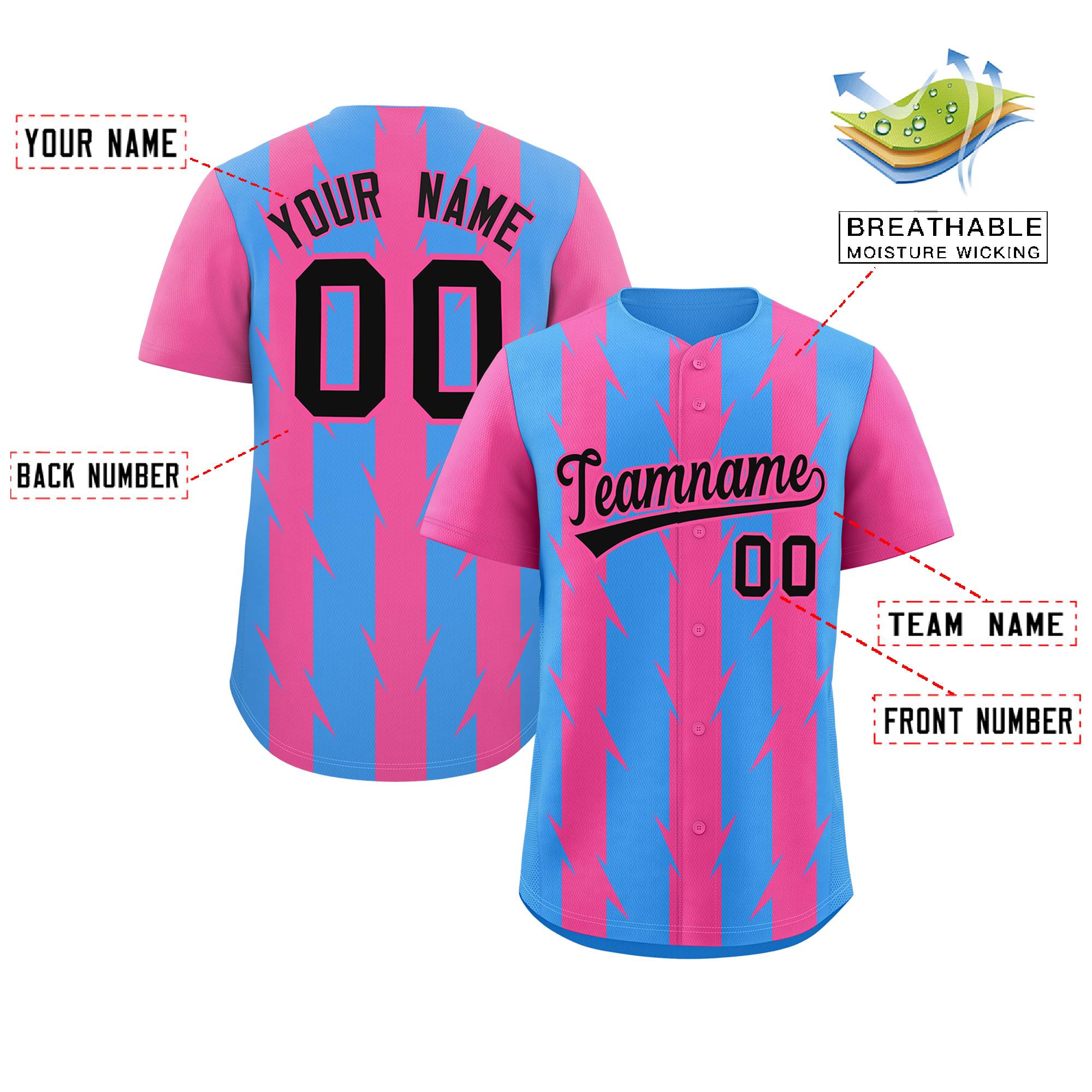 Custom Powder Blue Pink Raglan Sleeves Blade Pattern Authentic Baseball Jersey