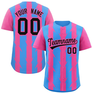 Custom Powder Blue Pink Raglan Sleeves Blade Pattern Authentic Baseball Jersey