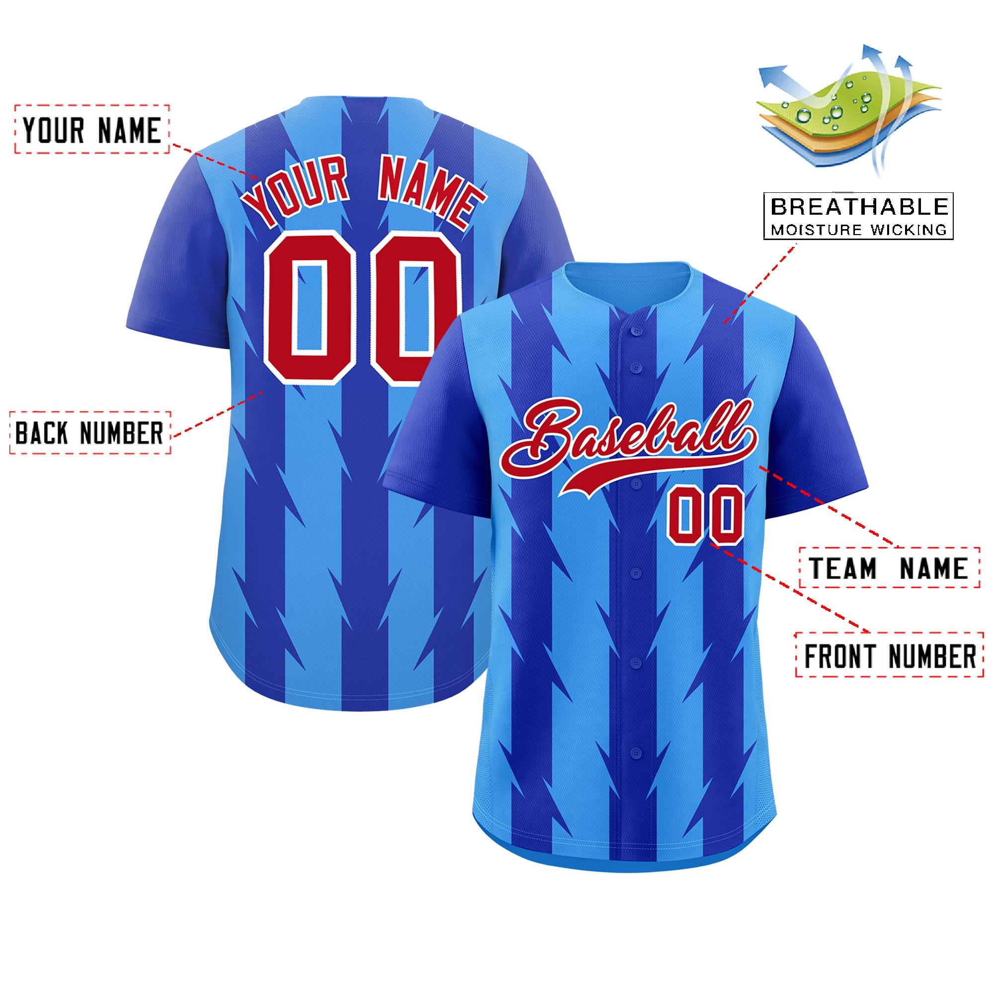 Custom Powder Blue Royal Raglan Sleeves Blade Pattern Authentic Baseball Jersey