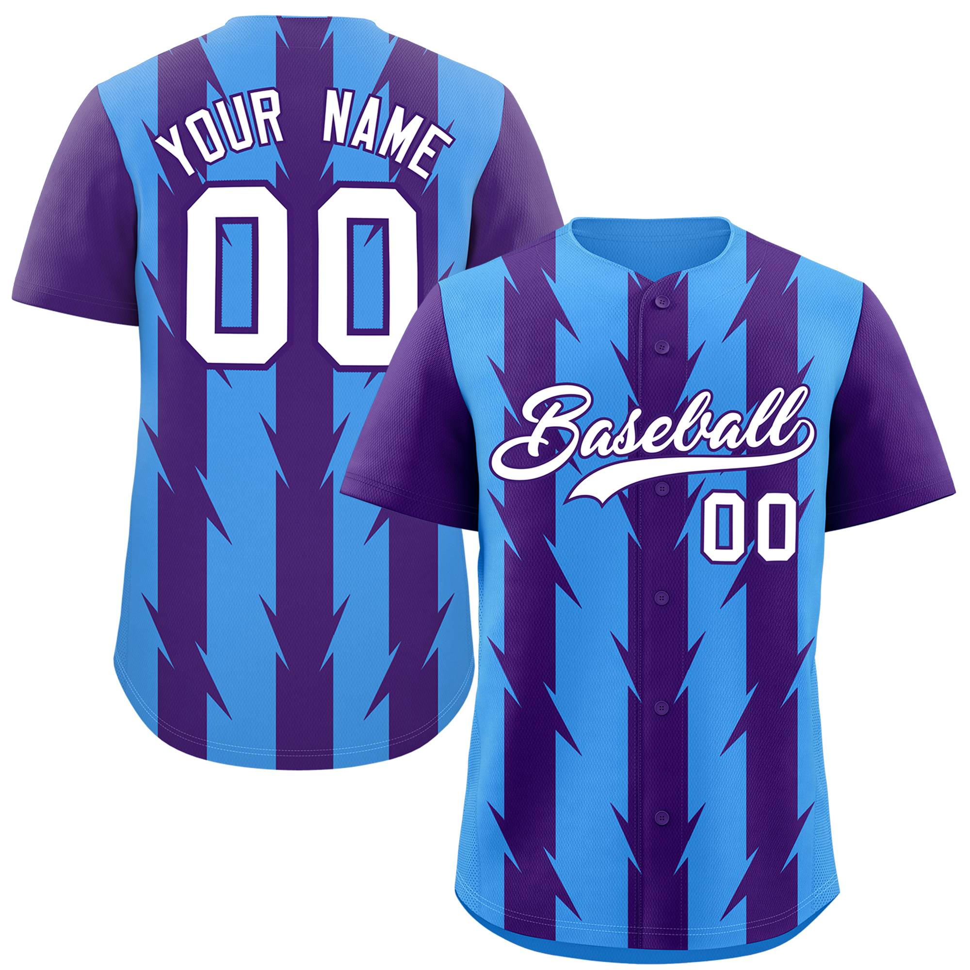 Custom Powder Blue Purple Raglan Sleeves Blade Pattern Authentic Baseball Jersey