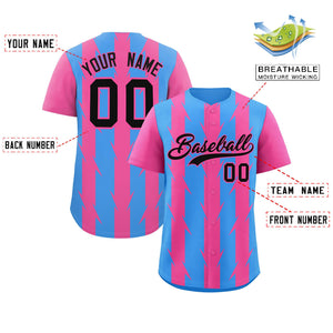 Custom Powder Blue Pink Raglan Sleeves Blade Pattern Authentic Baseball Jersey