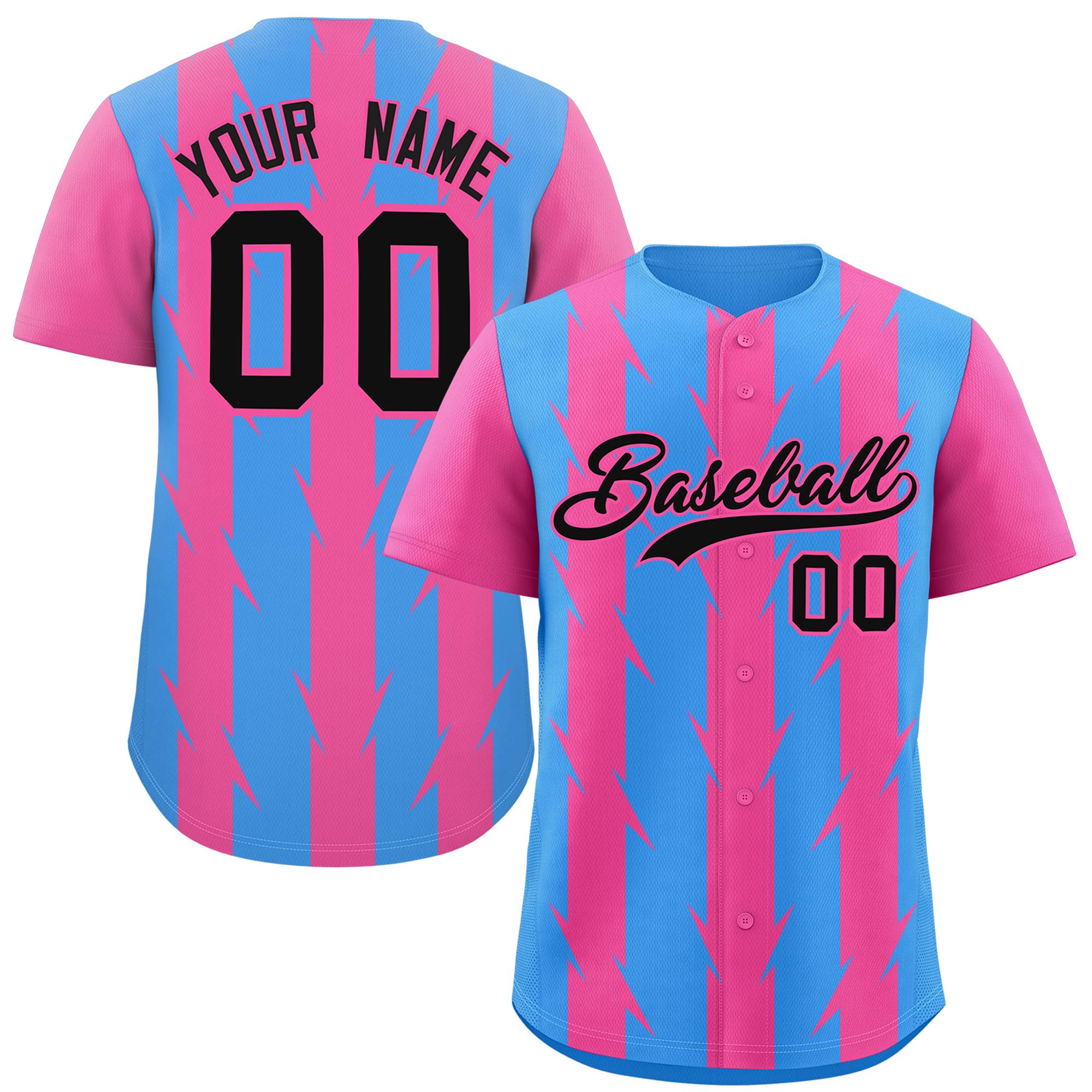 Custom Powder Blue Pink Raglan Sleeves Blade Pattern Authentic Baseball Jersey