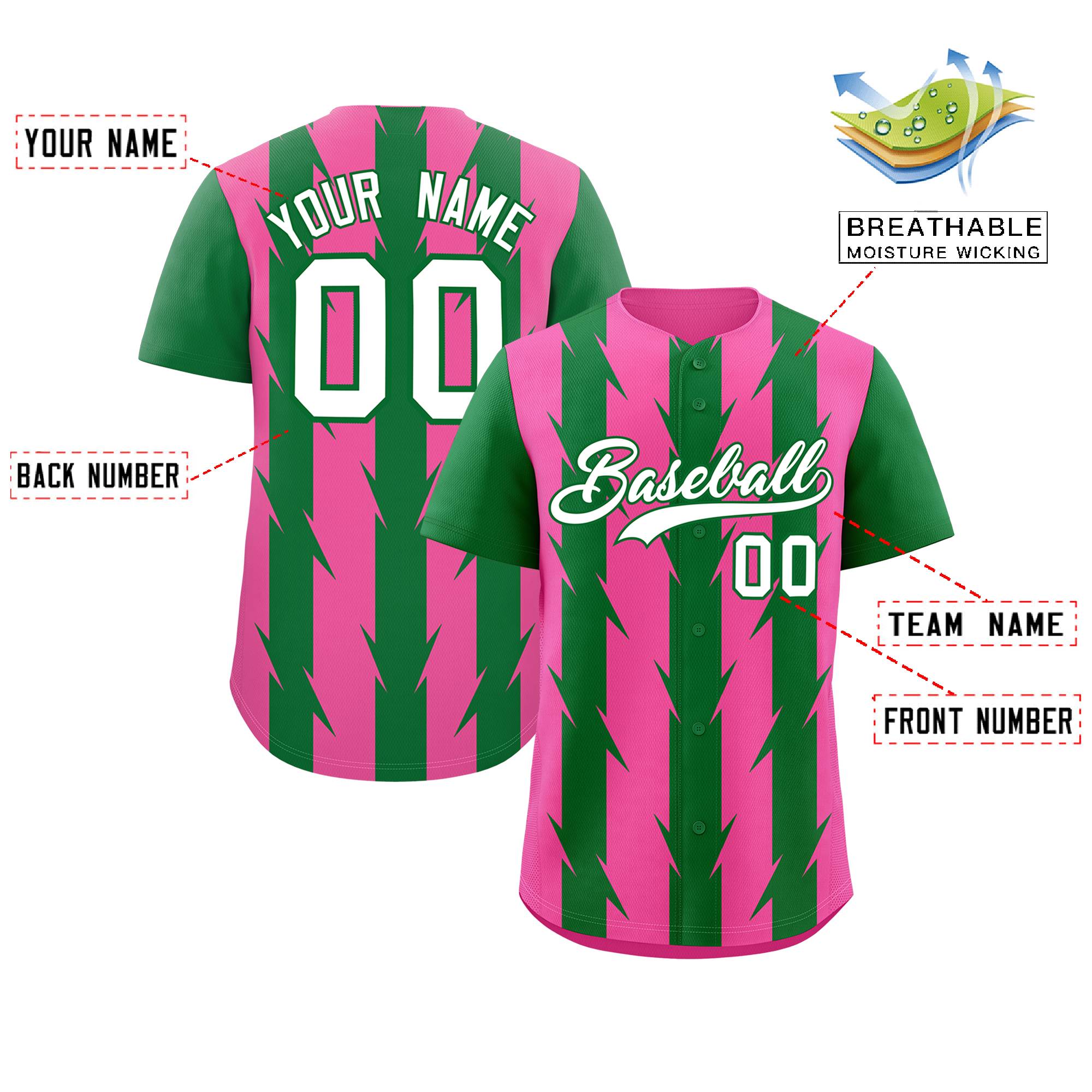 Custom Pink Kelly Green Raglan Sleeves Blade Pattern Authentic Baseball Jersey