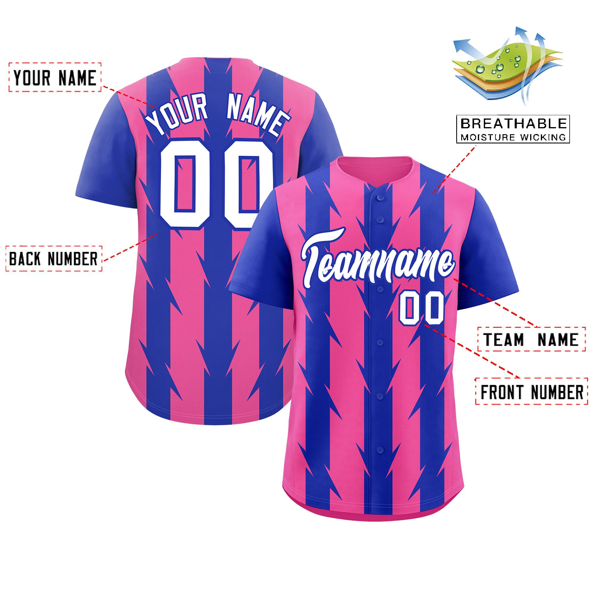 Custom Pink Royal Raglan Sleeves Blade Pattern Authentic Baseball Jersey