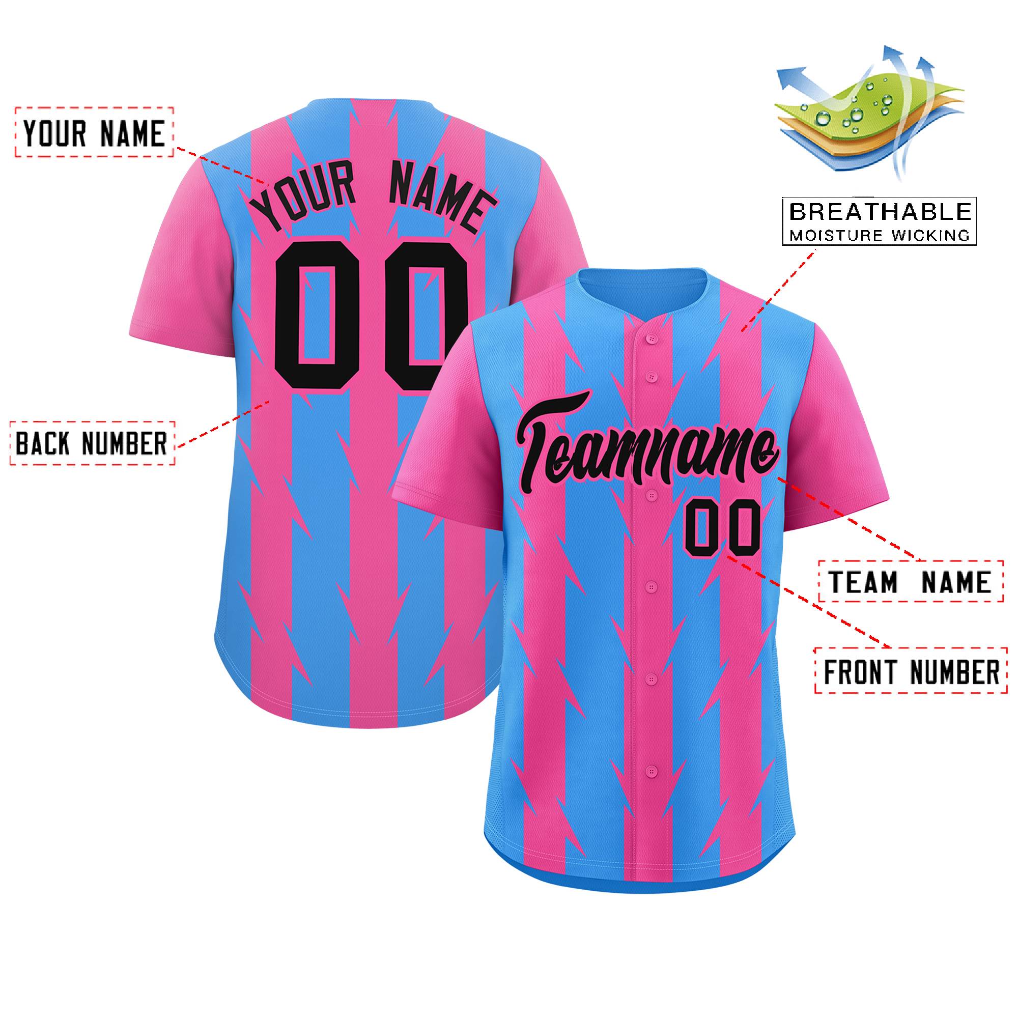 Custom Powder Blue Pink Raglan Sleeves Blade Pattern Authentic Baseball Jersey